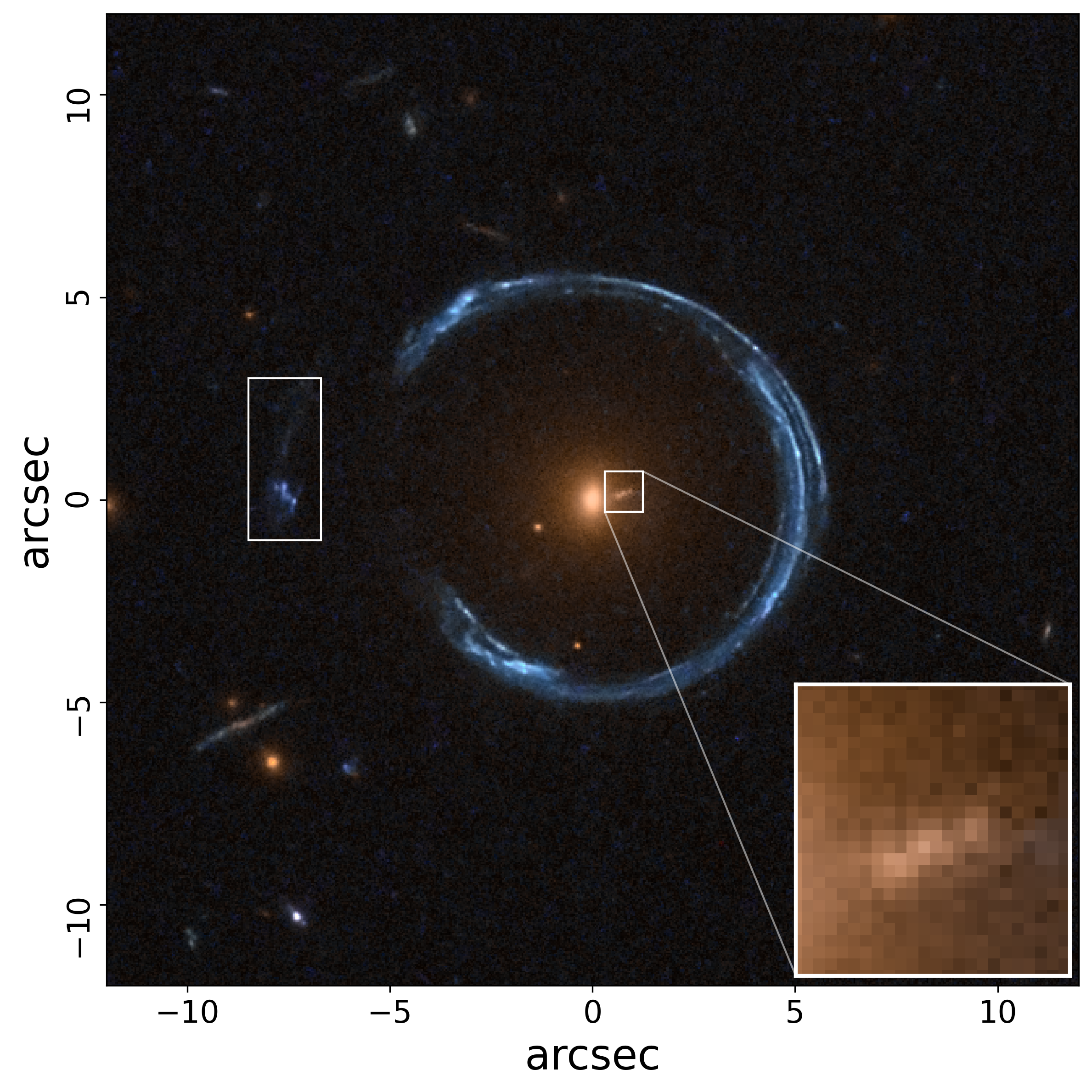A new view of the Cosmic Horseshoe reveals a second background source, with its twin images marked for clarity. At the center lies a faint image formed near the black hole—its subtle presence key to unlocking this latest discovery.