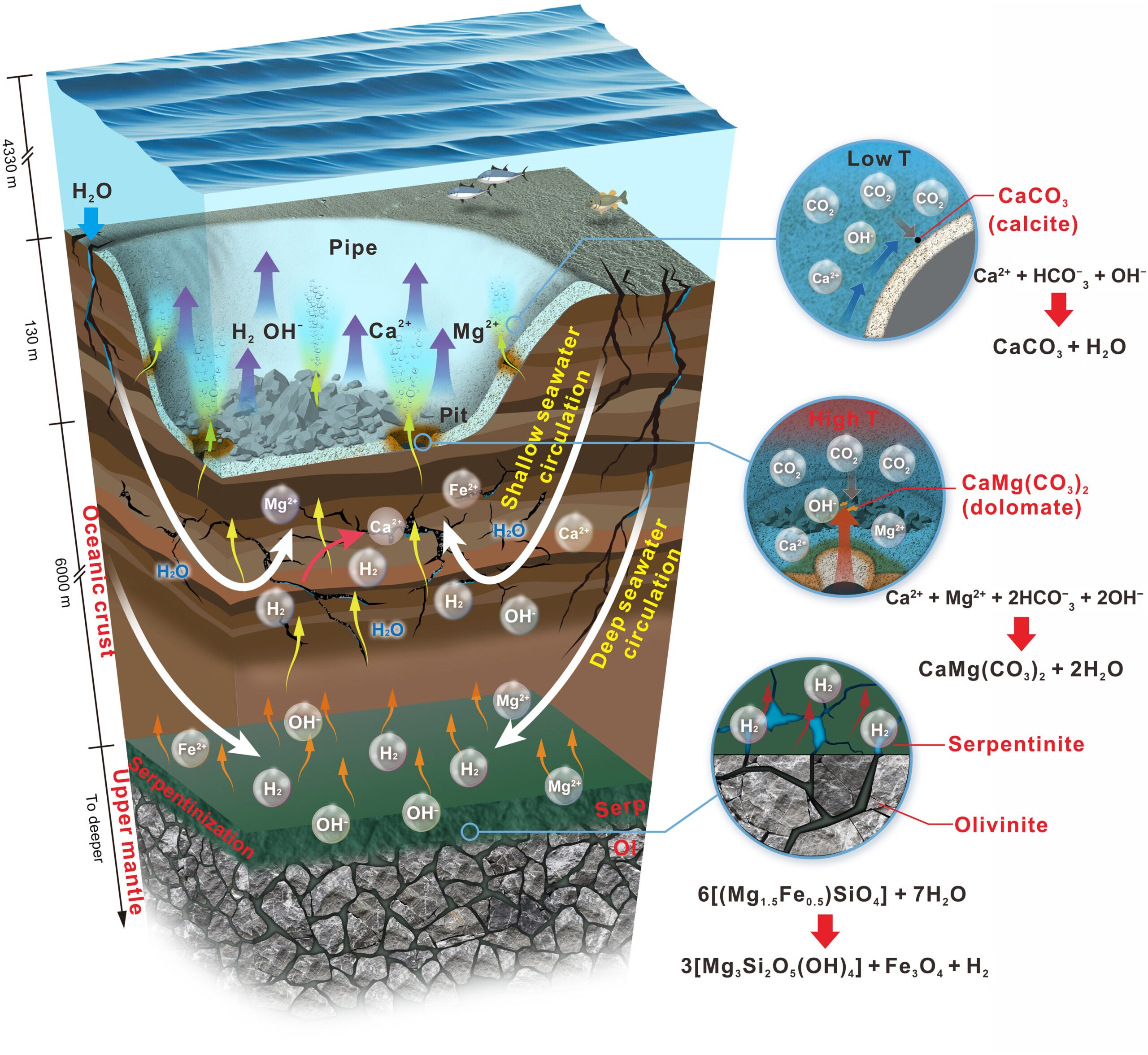 Cartoon illustrating the mechanism of hydrothermal activities inside a large pipe.