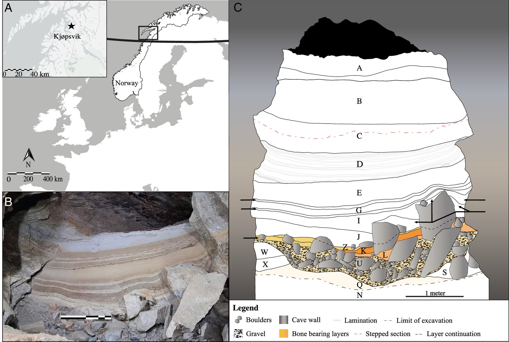 Location, and photo and graphical representation of the cave.