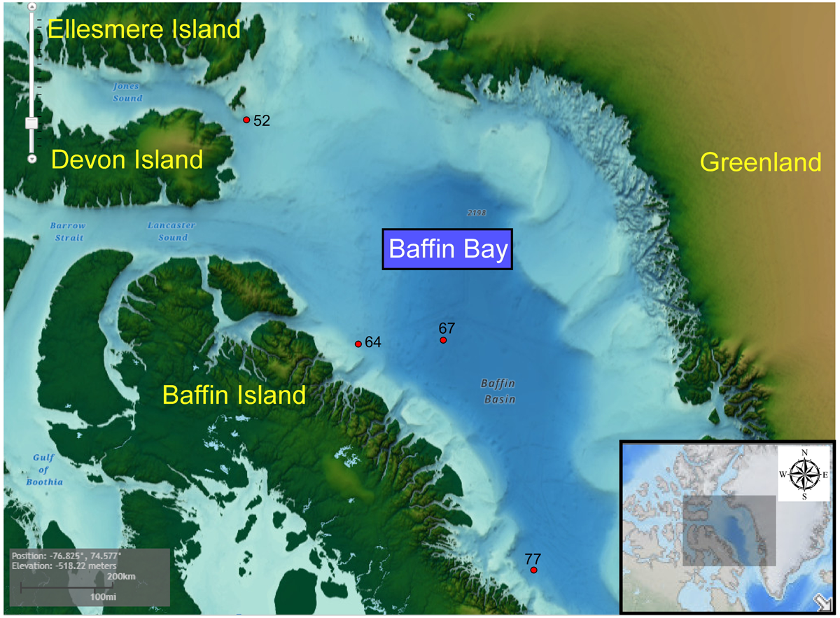 Map of northeast Canada and Greenland showing the location of Baffin Bay and core 83029−052 (small red box in panel a), and (b) locations of cores 2013029−064, 2013029−77, and 2008029−67 sampled for this study (small red boxes).