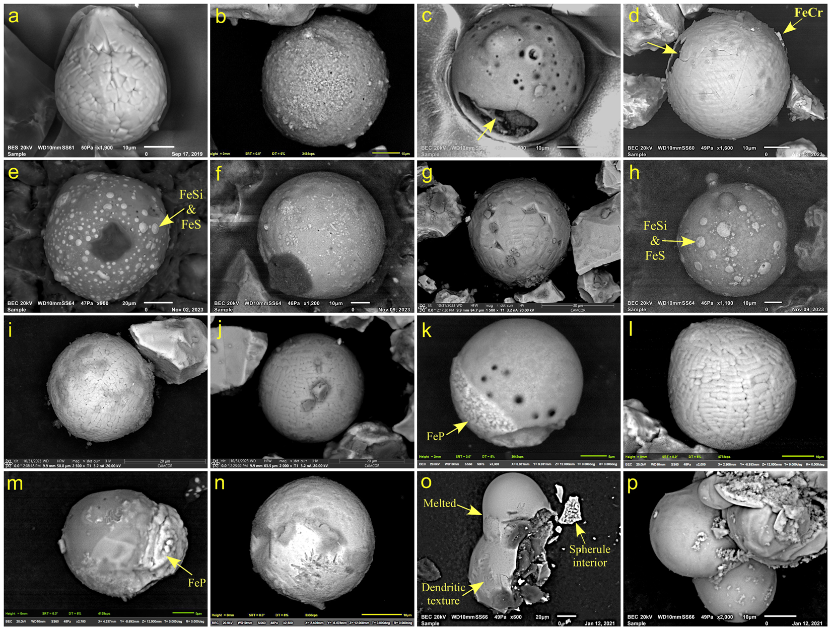 Examples of Fe-rich and silica-rich impact microspherules from Baffin Bay cores: Core 83023−052 (a-d); Core 2013029−064 (e-h); Core 2008029−067 (i-n); and Core 2013029−077 (o-p).