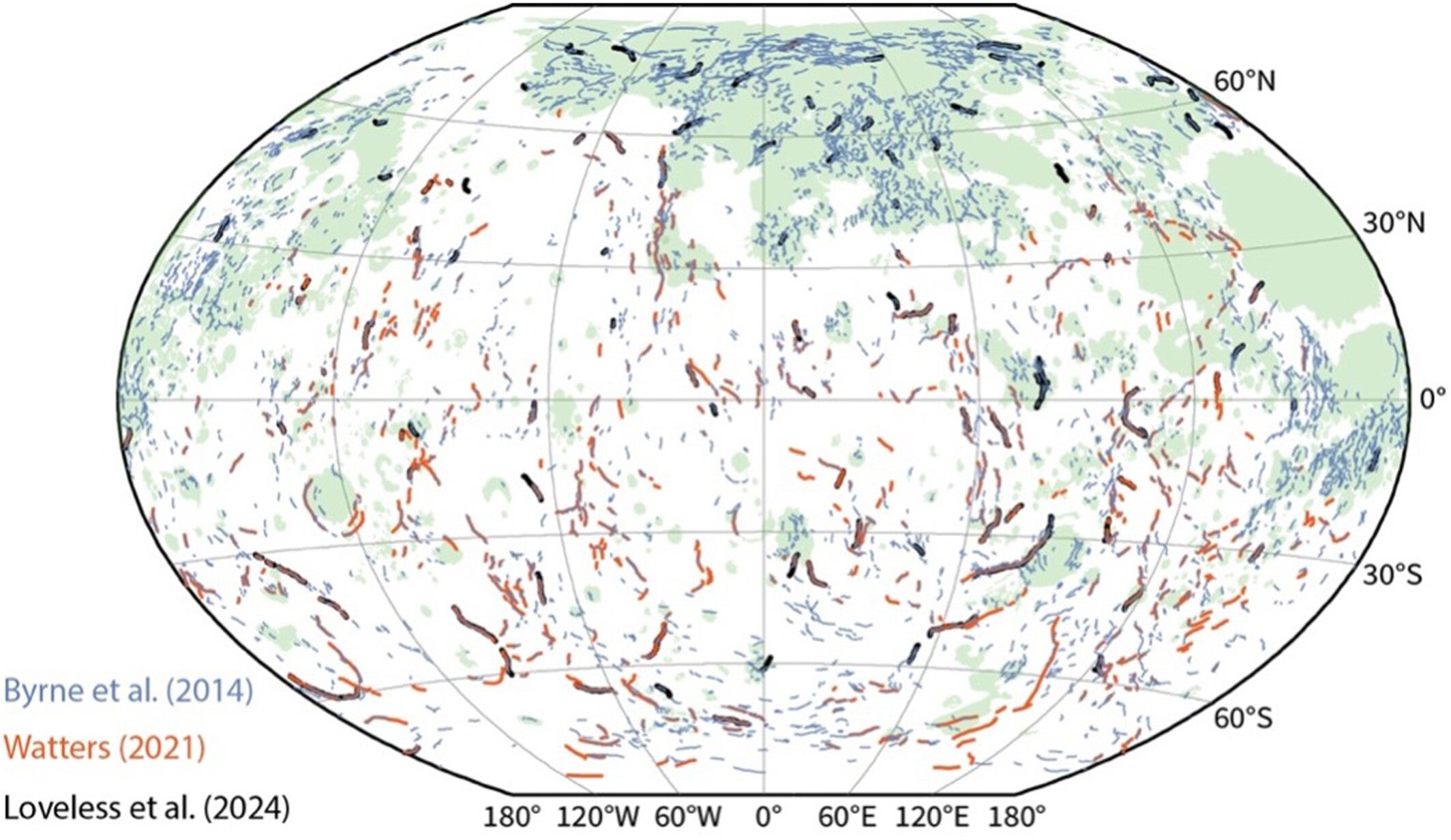 Comparison of mapped thrust fault populations considered in this study across Mercury in Winkel Tripel projection, color-coded based by source.
