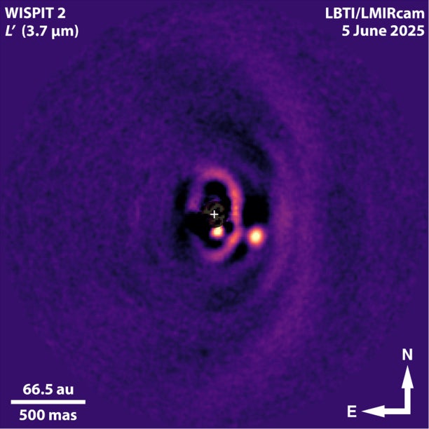 The KLIP reduced L′ image from the LBT telescope with the LBTI LMIRcam instrument. The location of WISPIT 2b and the inner #3 and outer #2 dust rings are clear (despite the significant self-subtraction from KLIP). WISPIT 2b is located nearly in the center of the dust-free gap between the rings.
