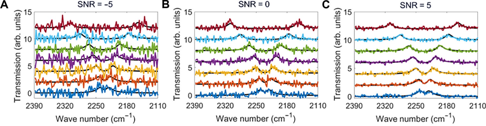 White noise with an SNR of (A) −5 dB, (B) 0 dB, and (C) 5 dB was respectively added to the FTIR spectra. 