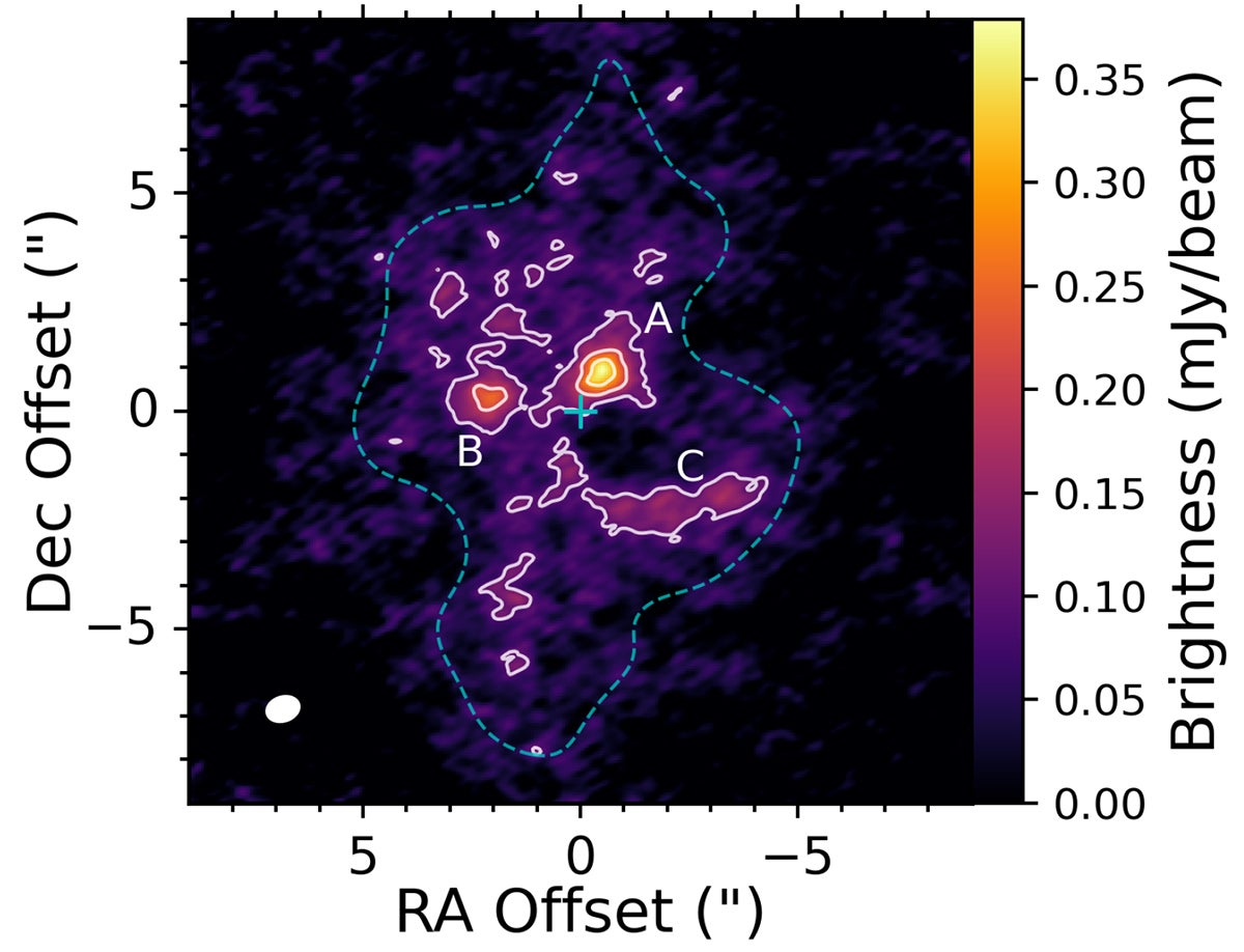 220 GHz continuum toward DFK 52. The stellar position (see Section 3.2) is marked with a blue cross, and the A, B, and C components are labelled.