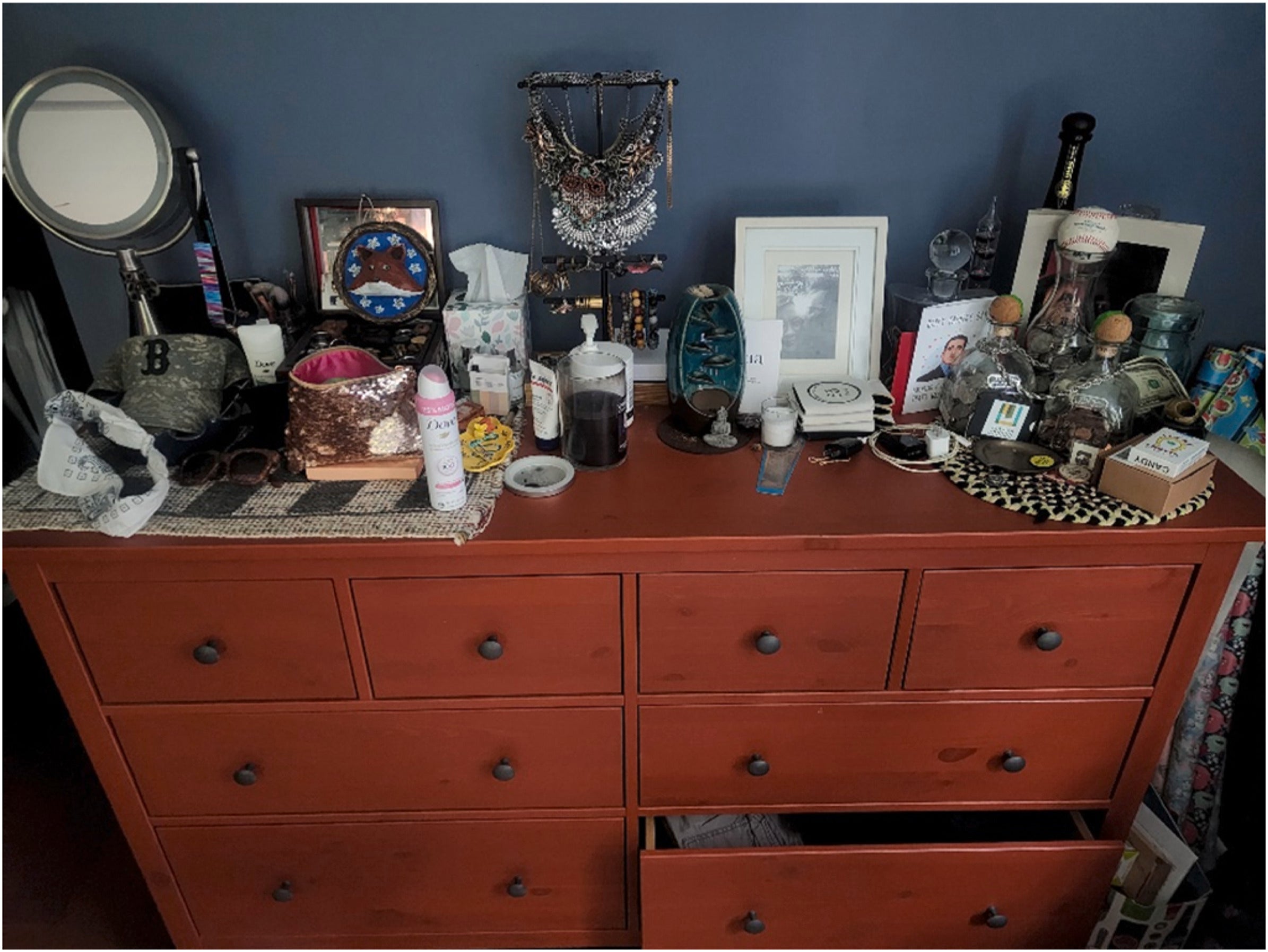 Split down the middle. “It is a pretty big deal because girls usually have so many more clothes … for her to let me have that very boyish right side of the dresser, that’s pretty awesome.”
