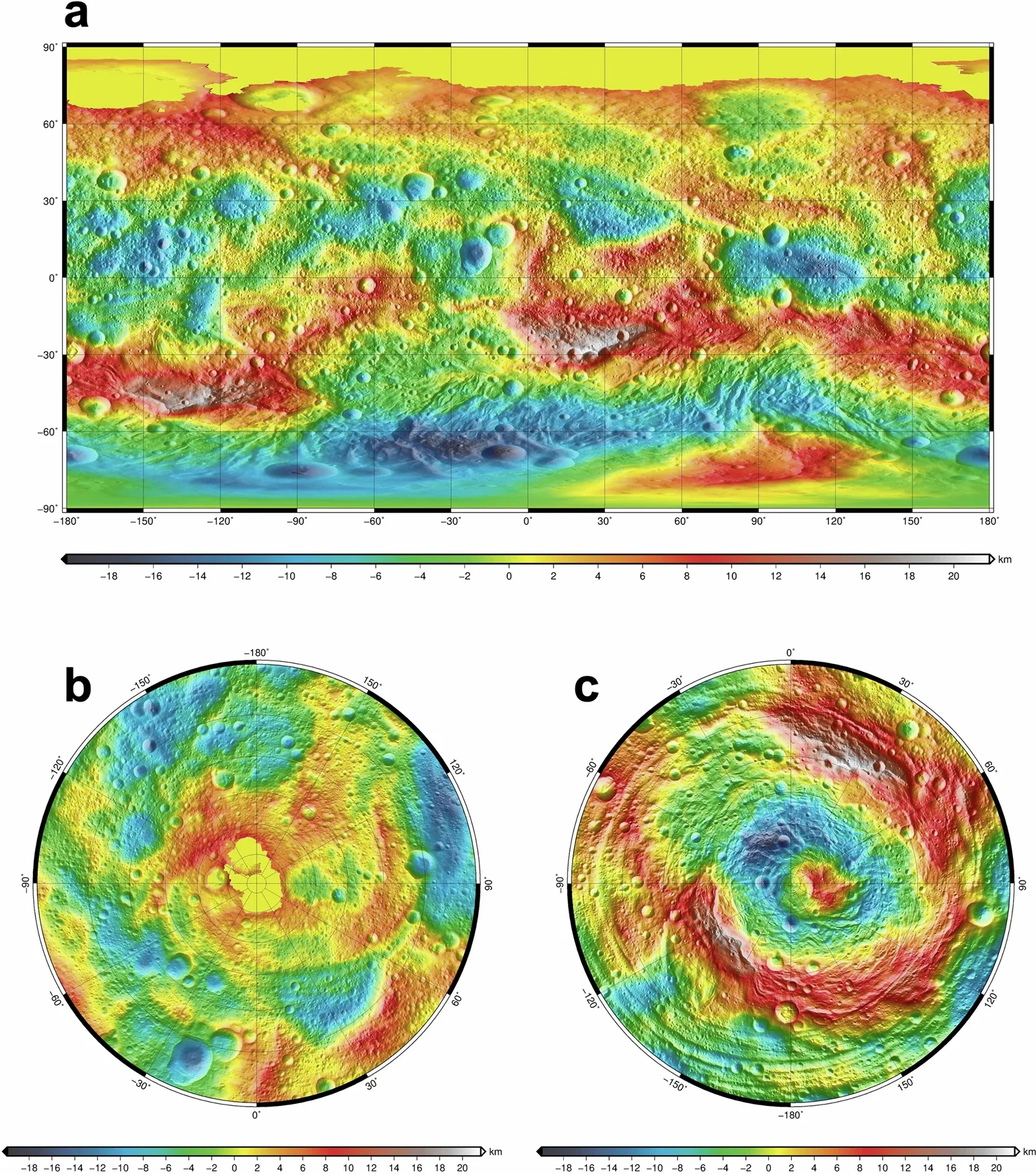 The cylindrical and stereo projections of the SPC topography.