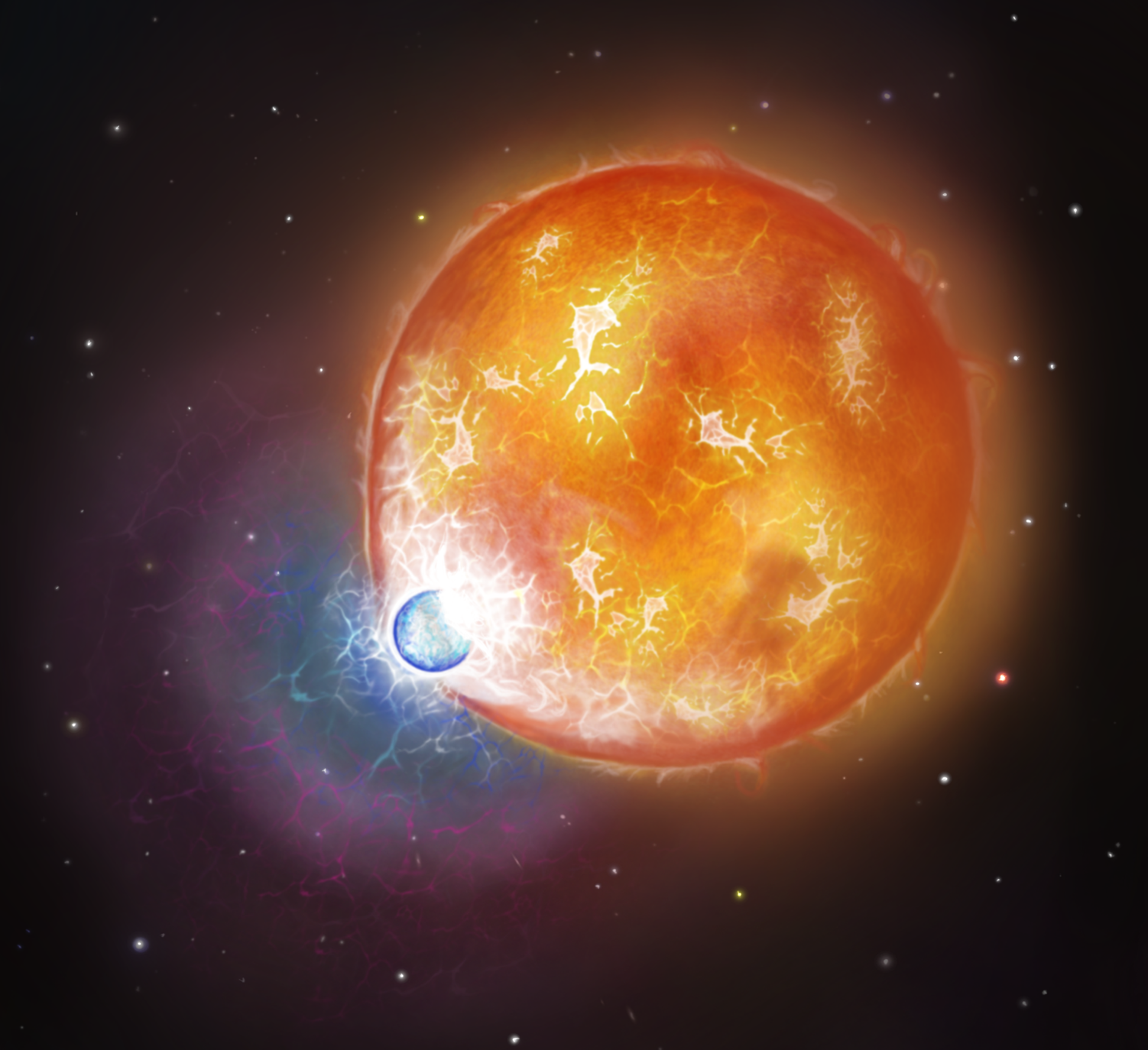 Illustration depicting the hot stellar merger that formed the ultra-massive white dwarf -WD 0525+526.