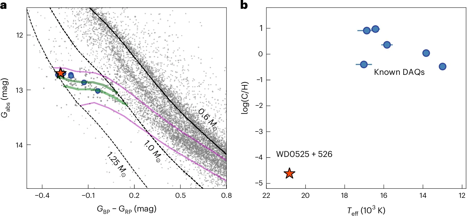 DAQ white dwarfs in the Gaia Hertzsprung–Russell diagram and the distribution of their carbon abundances.