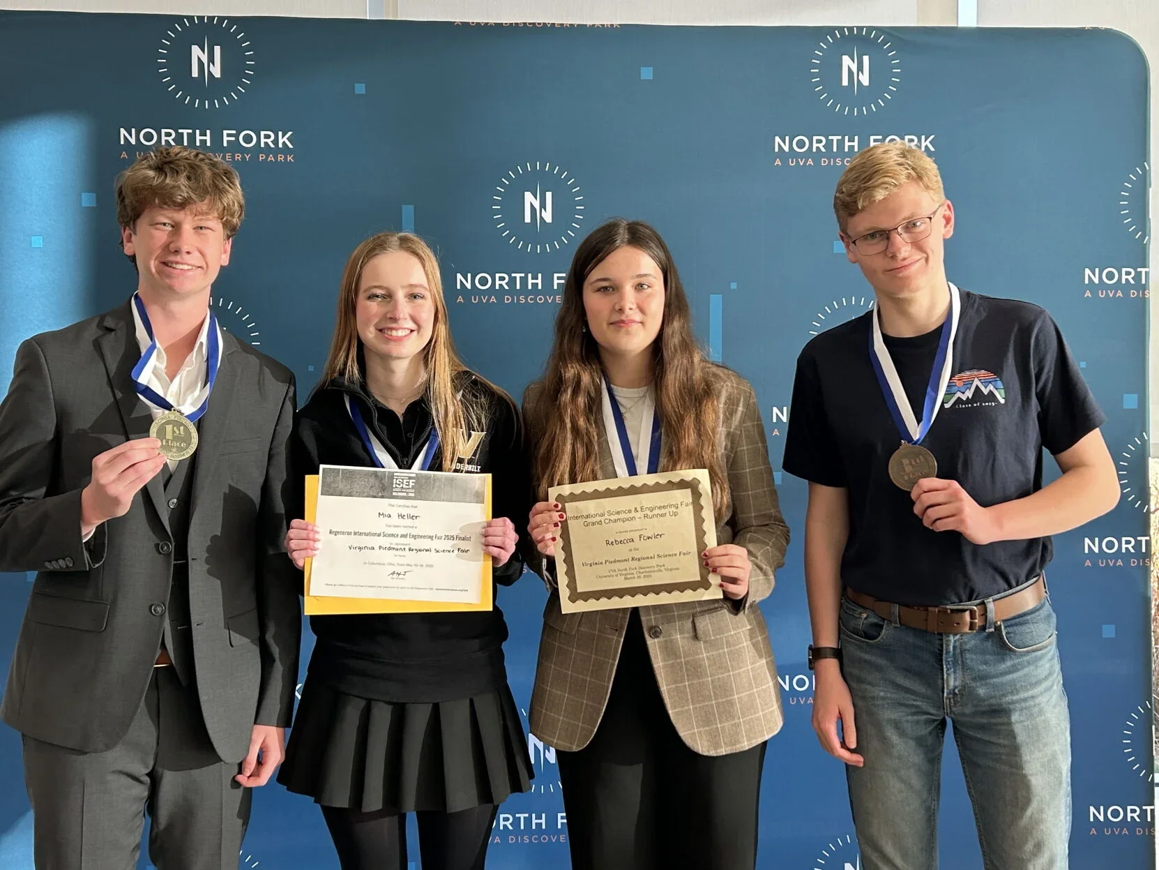 Sam Lloyd IV, Mia Heller, Becca Fowler, and Jack Dueck received recognition in late March in Charlottesville for outstanding STEM projects.