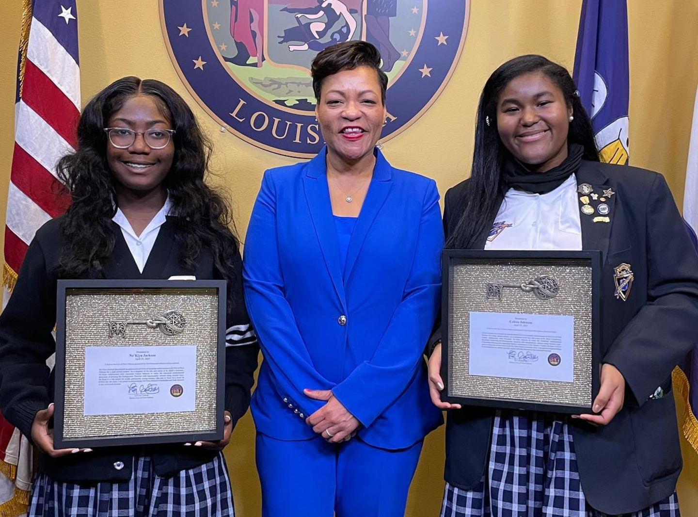Ne’Kiya Jackson and Calcea Johnson being presented with the Key to the City of New Orleans by Mayor Cantrell.