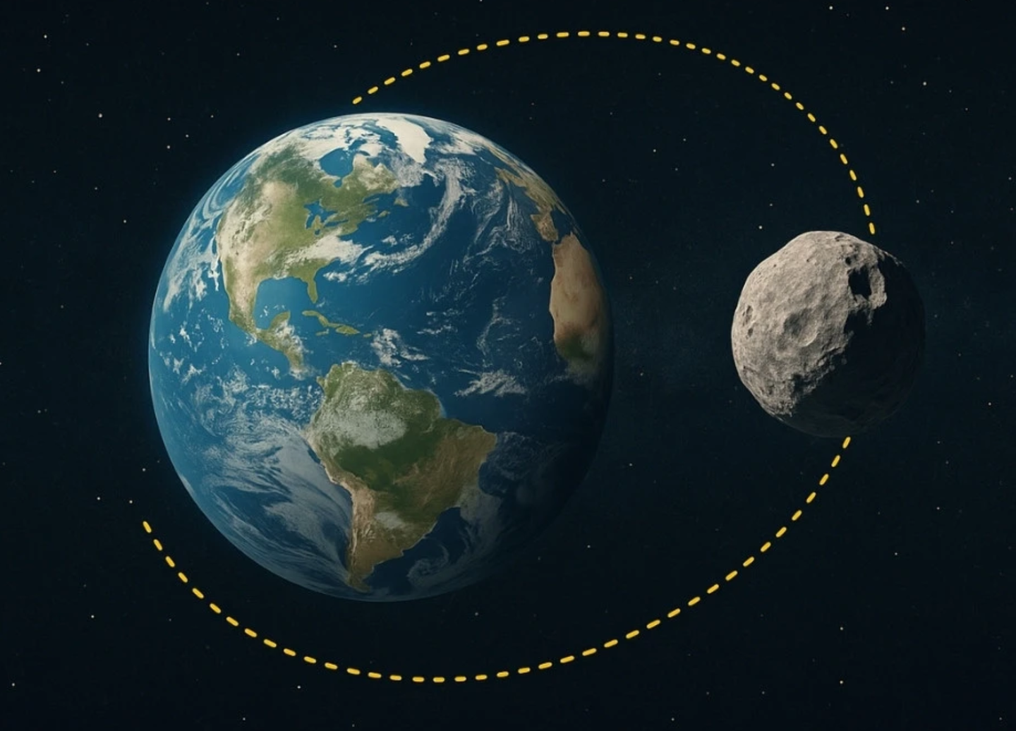 AI-generated image representing 2025 PN7 revolving around the Earth.
