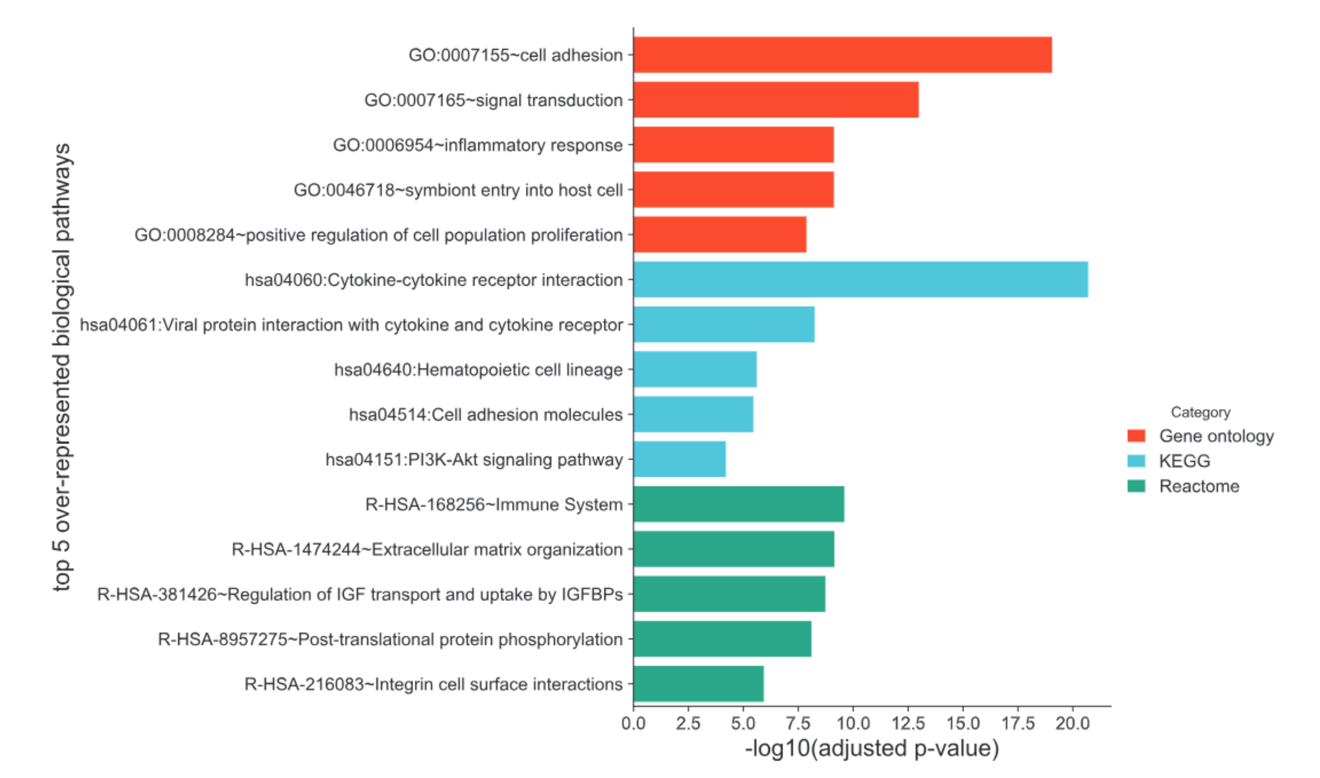Top five most significant Gene Ontology (biological process), Kyoto Encyclopedia of Genes and Genomes (KEGG), and Reactome pathways over-represented within the associative plasma proteins for RetiPhenoAge.