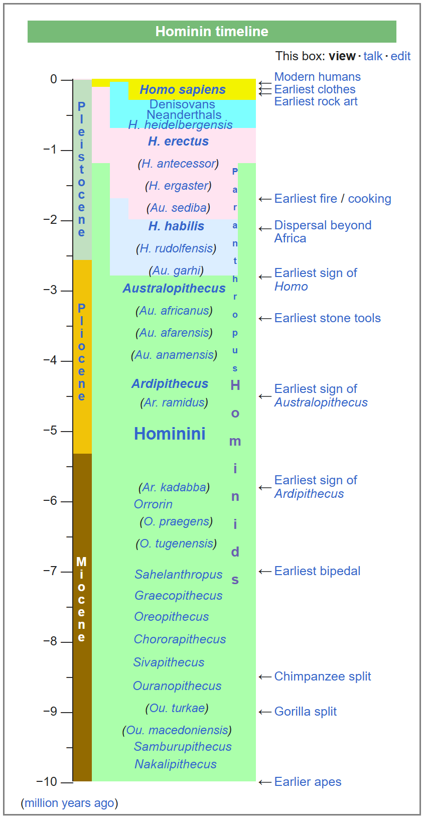 Hominin timeline across eras.