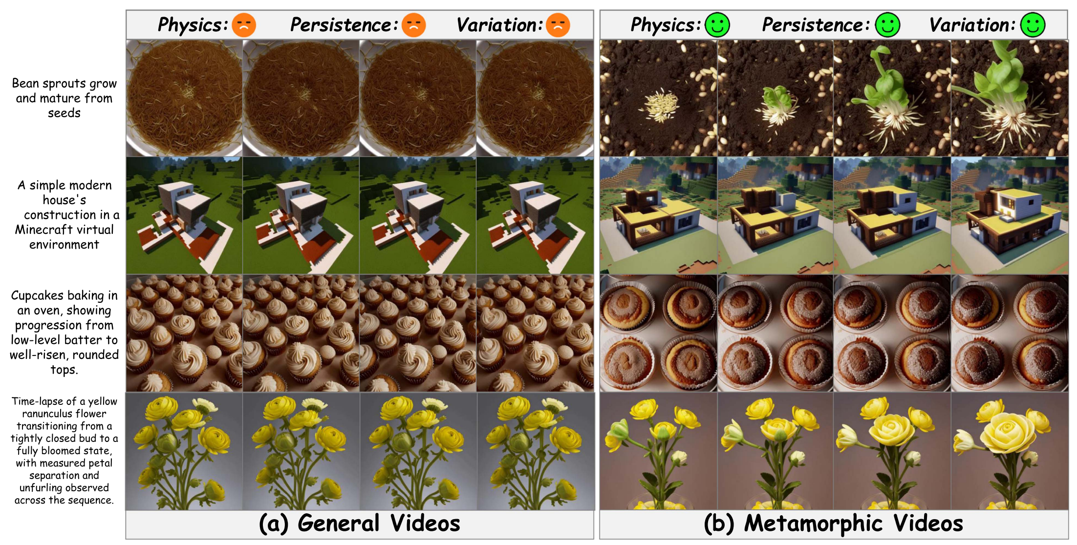 The illustration of the difference between (a) general videos, and (b) metamorphic videos.