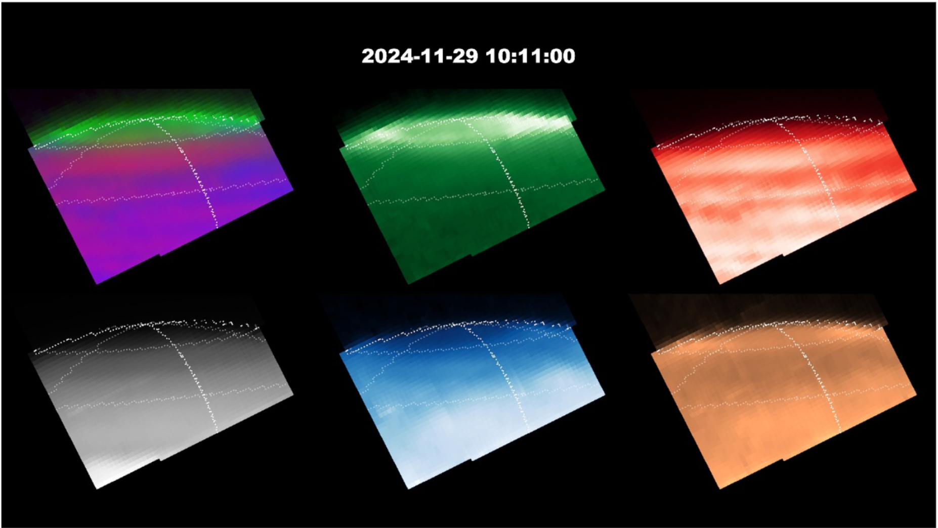 The observed emission across a Saturnian day observed by JWST. Each panel shows a sequence of 26 dither‐combined images at the North pole of Saturn, with a frame rate of ∼100 min per second, with 10° latitude and 45° longitude steps demarked.