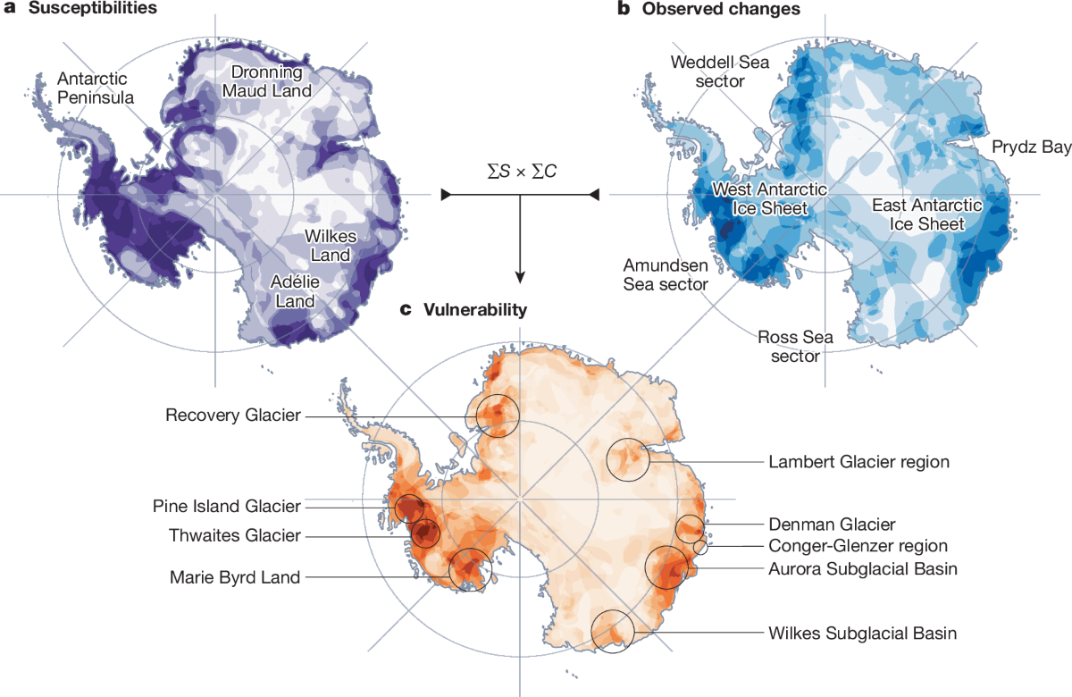 Indicative maps delineating Antarctic ice-sheet regions that may be vulnerable to abrupt change.