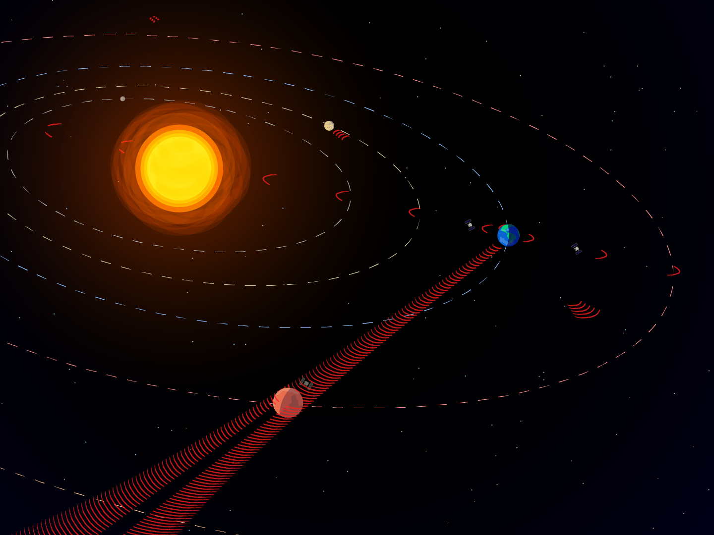In a new study, researchers from Penn State and NASA’s Jet Propulsion Laboratory analyzed human deep space communications and found that human transmissions are frequently directed toward our own spacecrafts near Mars (lower left), the Sun, and other planets.
