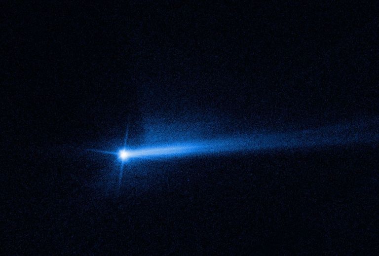 The tail of material that formed behind Dimorphos was prominent almost 12 days after the DART impact, giving the asteroid a comet-like appearance, as seen in this image captured by NASA’s Hubble Space Telescope in October 2022.