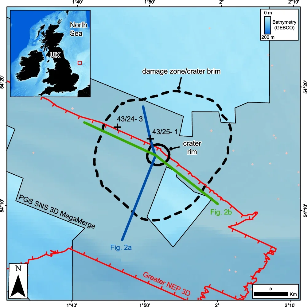 Location map showing the Silverpit Crater and its associated damage zone.