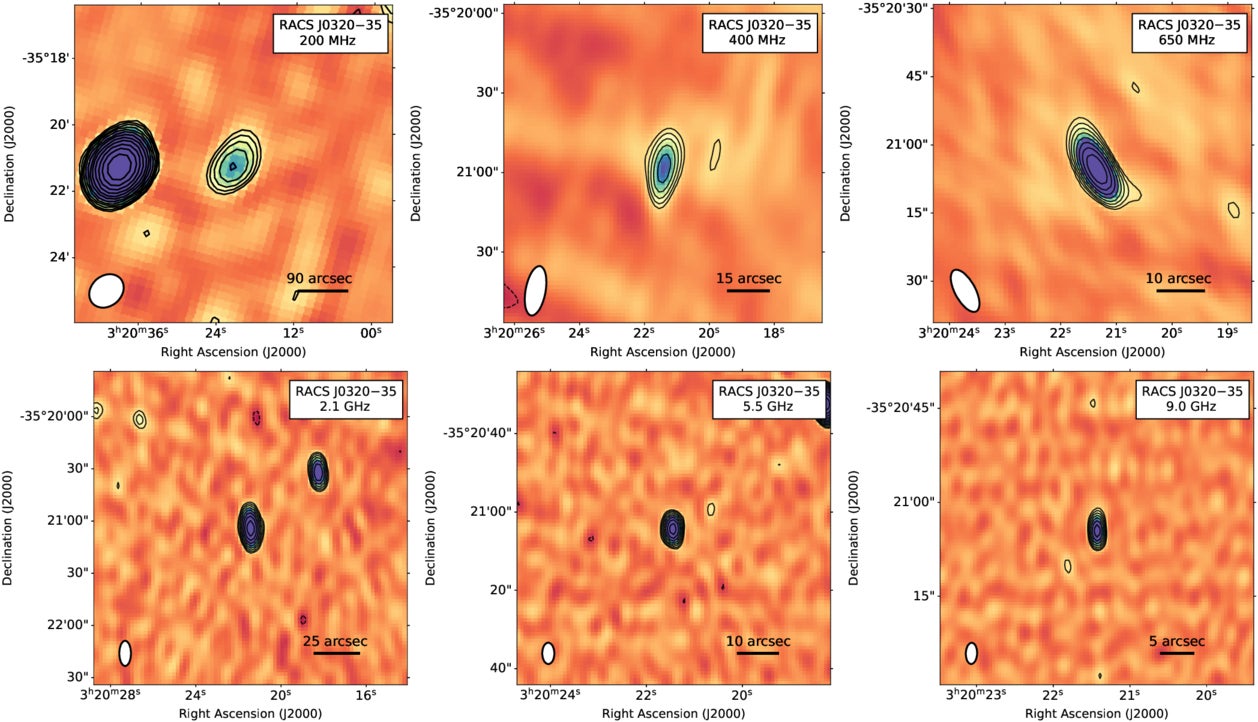 MWA (200 MHz), uGMRT (400 and 650 MHz), and ATCA (2.1, 5.5, and 9 GHz) images centered on the optical position of RACS J0320−35.