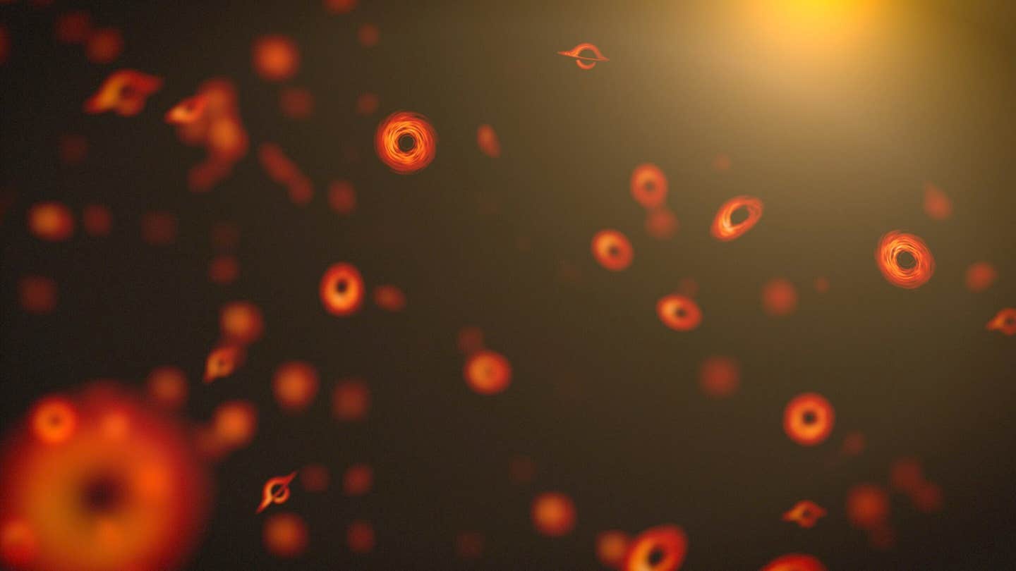 This illustration offers a whimsical take on primordial black holes, though in reality such tiny objects are unlikely to develop the bright accretion disks shown here.