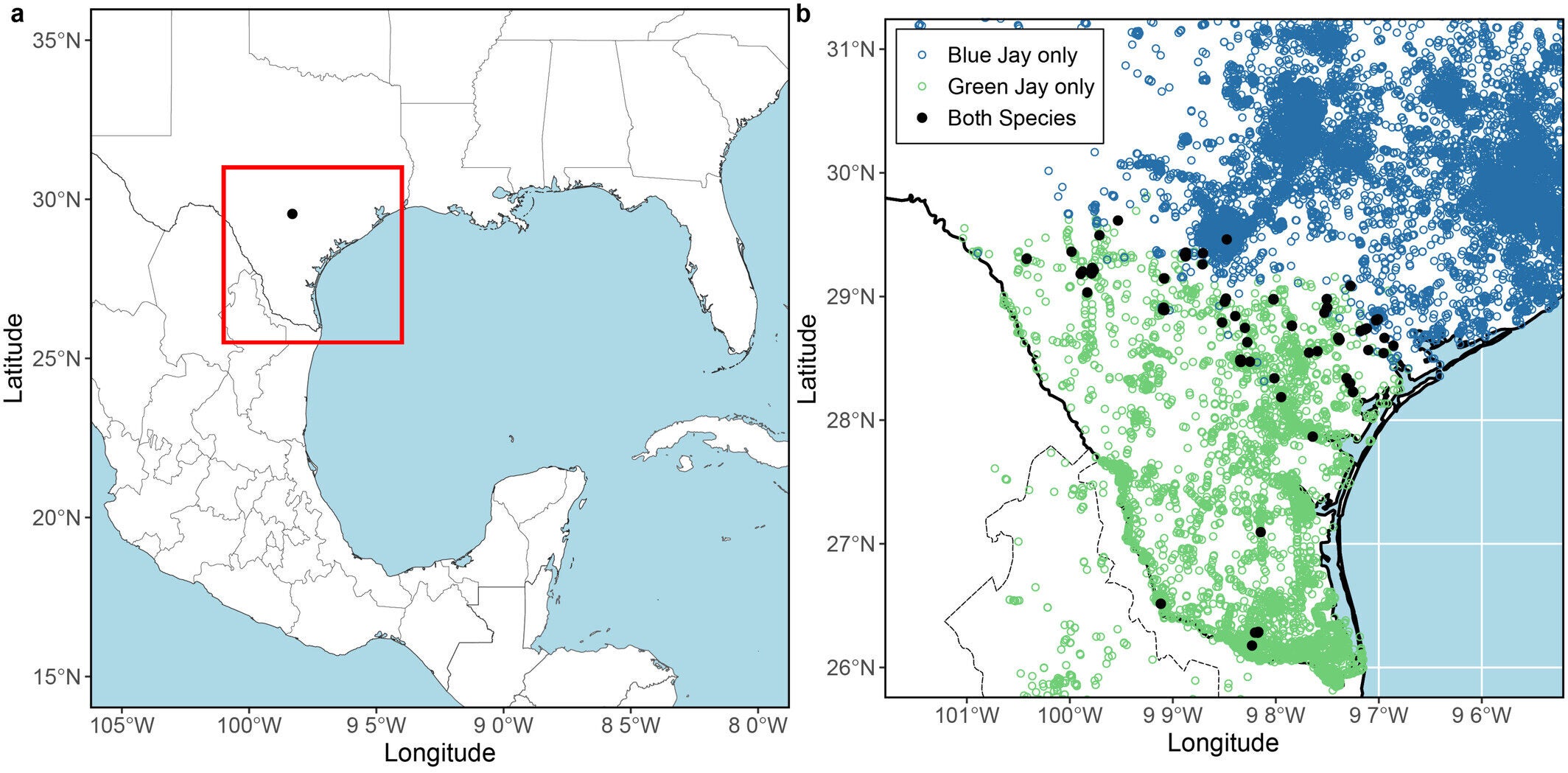 (a) Region of study. Red square delineates extent of maps for panels b and d. (b) Green Jay and Blue Jay occurrences, black points indicate localities of recorded co-occurrence.