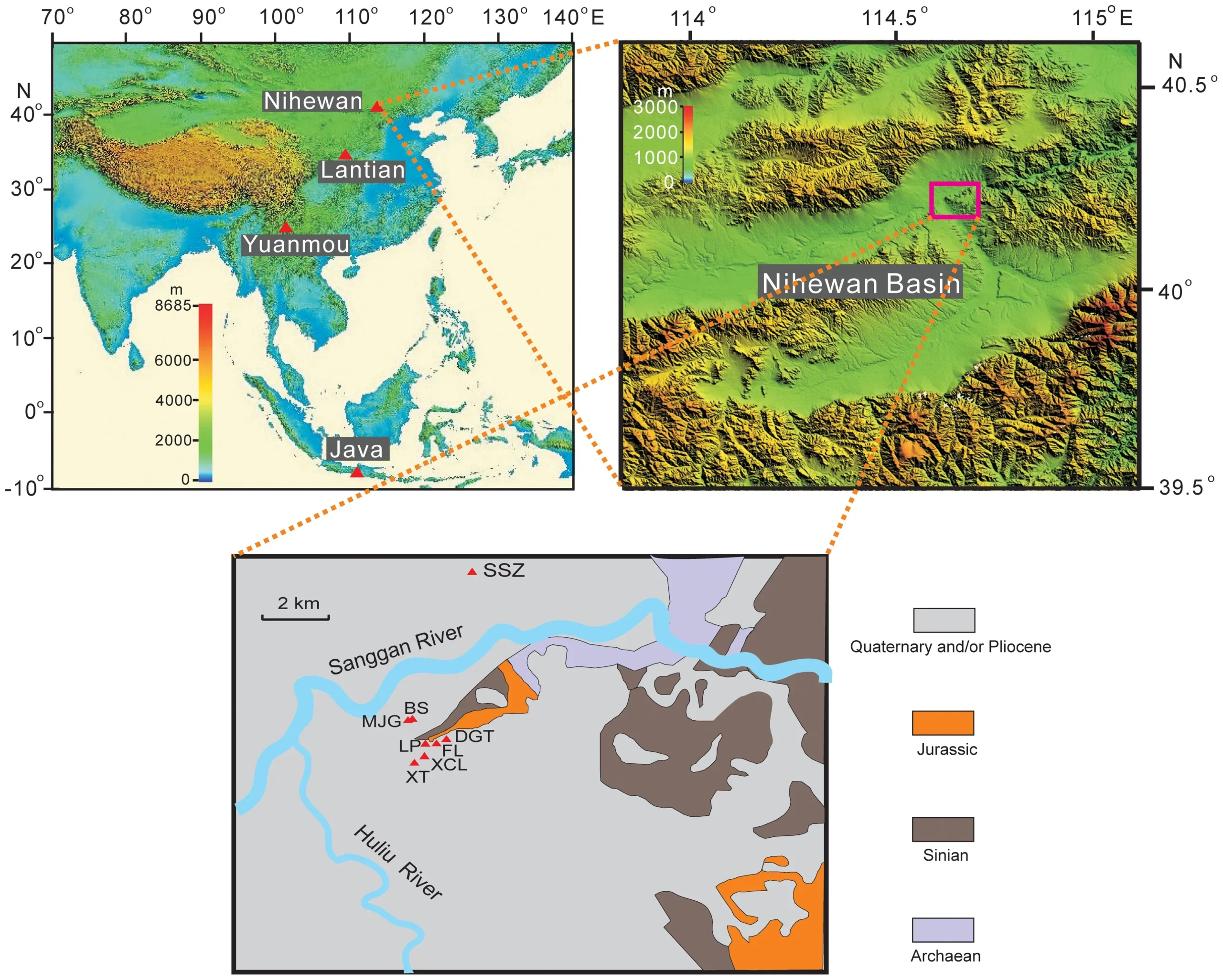 Schematic map showing the Nihewan Basin and mentioned Paleolithic sites. 