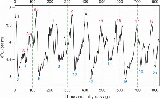 Marine Isotope Stage (MIS) graph showing the chronology and amplitude of past climate intervals. Stage numbers in red indicate interglacial or interstadial warm episodes. Stage numbers in blue indicate glacial stadials.