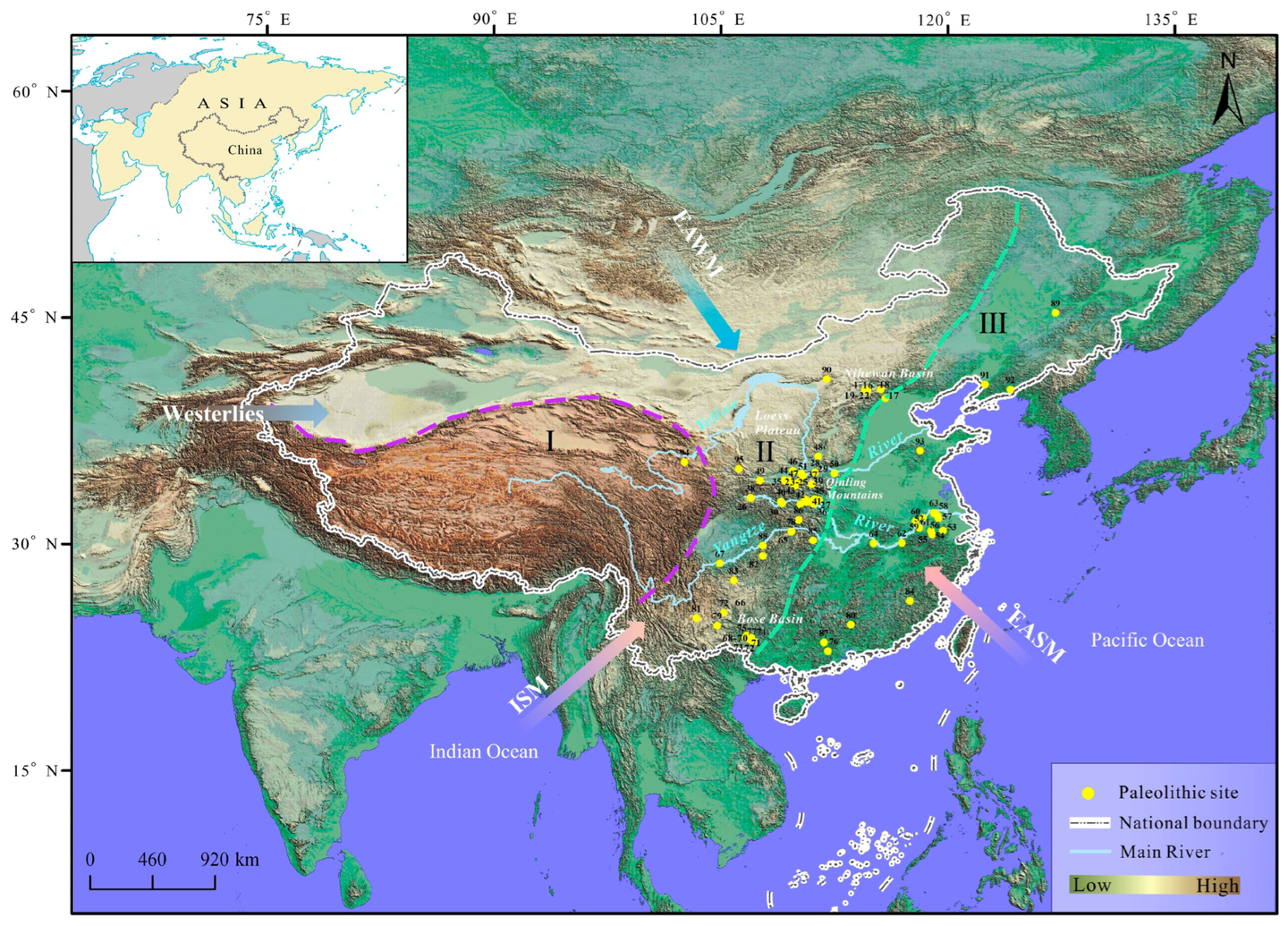 Geographical distribution of 95 archaeological sites from the Early and Middle Pleistocene with numerical age estimates in China