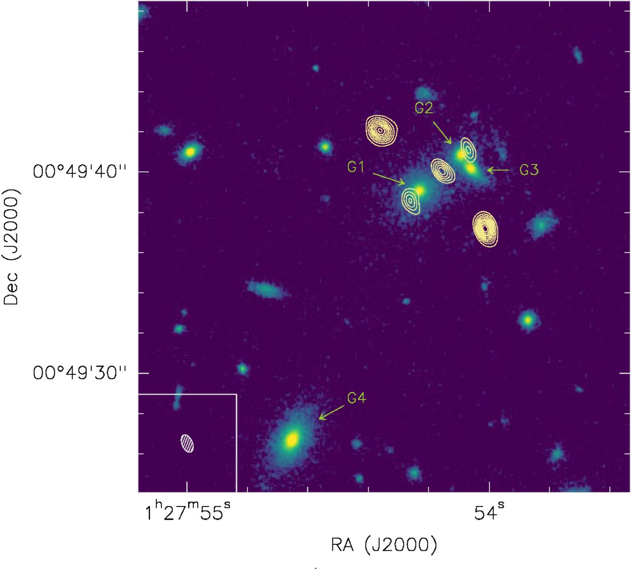  The 1.2 mm dust continuum emission of HerS-3 observed with NOEMA and obtained with a robust weighting of 0.1 (shown in yellow contours) reveals that the background starburst galaxy at z = 3.0607 is lensed into an Einstein cross with a fifth image in the middle of the cross.