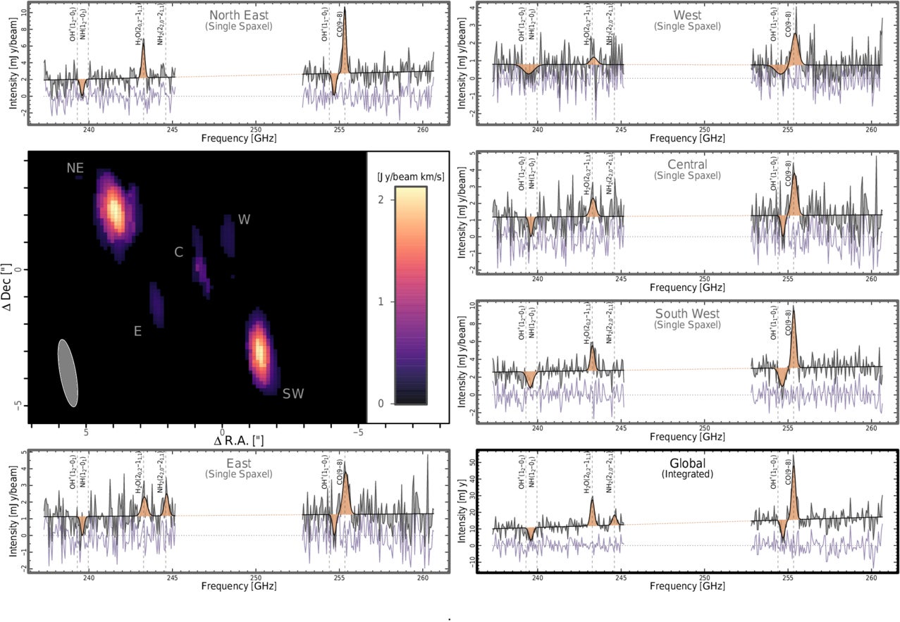 The spectra for each of the five images of the Einstein cross of HerS-3 (NE, E, C, W, and SW) observed with NOEMA in the frequency ranges between 237.4 to 245.2 GHz (LSB) and 252.8 to 260.5 GHz (USB).