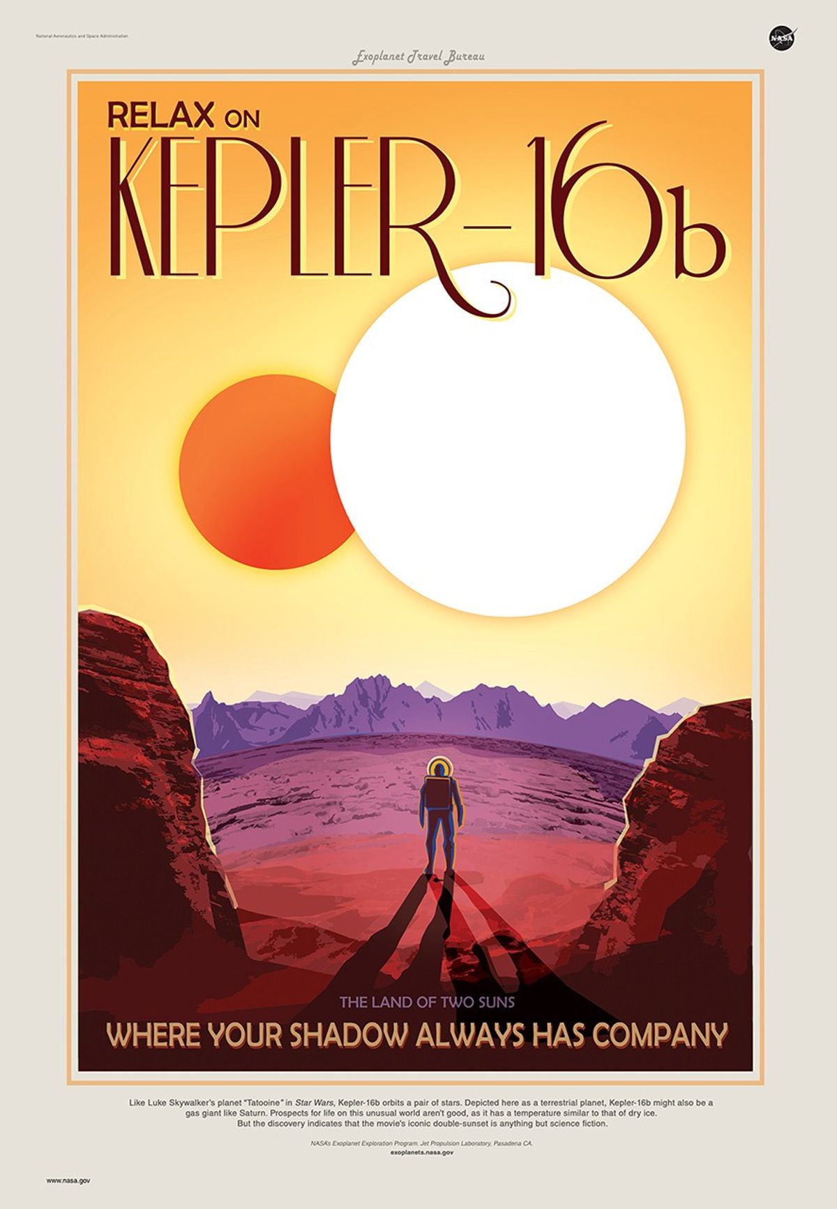 Like Luke Skywalker's planet "Tatooine" in Star Wars, Kepler-16b orbits a pair of stars. Kepler-16b is a gas giant, like Saturn, so it would have no solid surface to stand on. NASA Exoplanet Travel Bureau poster of Kepler-16b.
