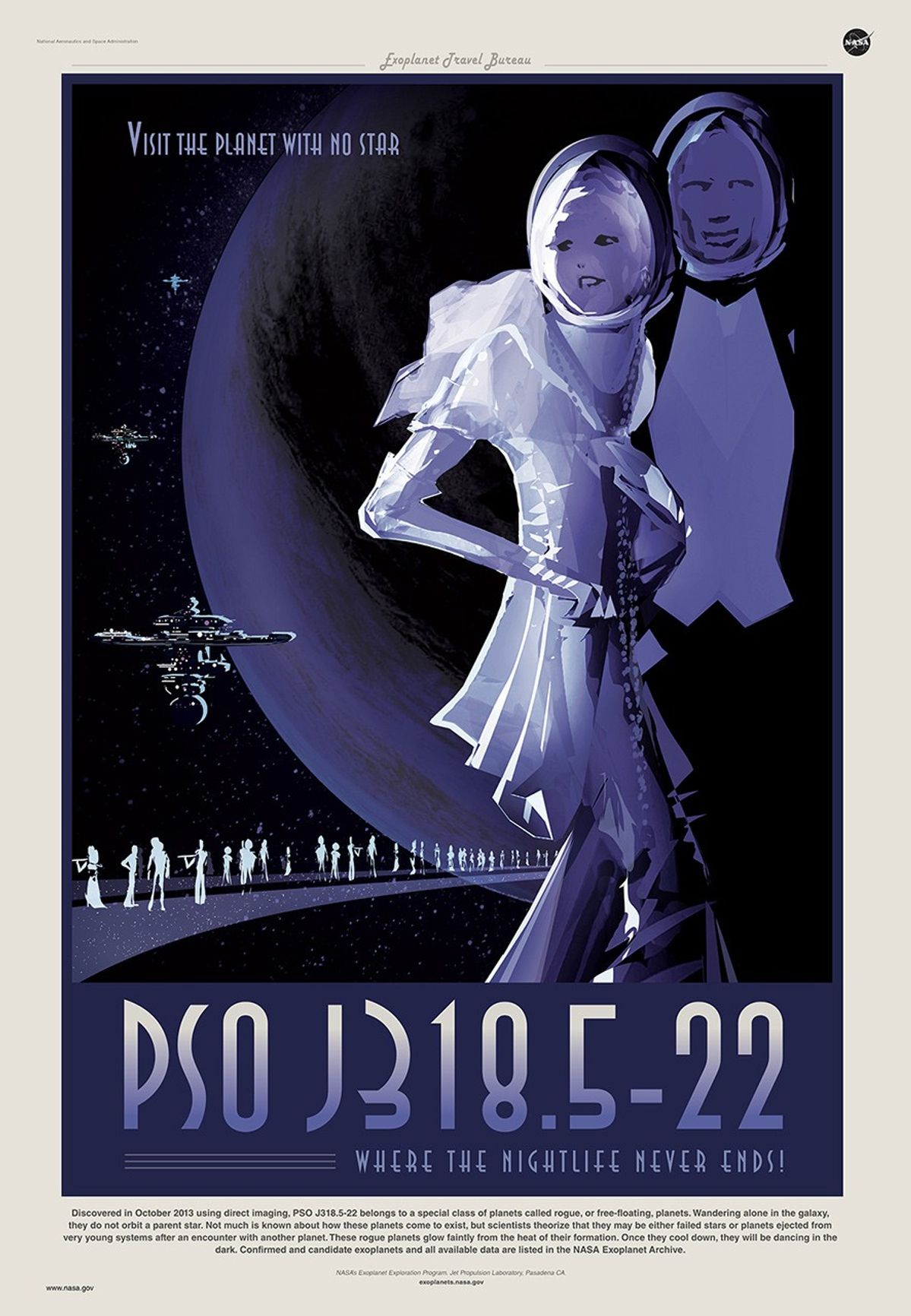 Where the Nightlife Never Ends. Discovered in October 2013 using direct imaging, PSO J318.5-22 belongs to a special class of planets called rogue, or free-floating, planets. Wandering alone in the galaxy, they do not orbit a parent star.  NASA Exoplanet Travel Bureau poster of PSO J318.5-22.