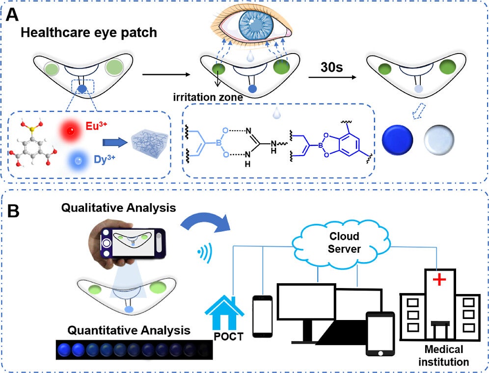 Schematic of the eye patch fluorescent sensor based on the Eu–Dy MOF gel. (B) Instant detection and quantitative analysis of LZ using a smartphone.