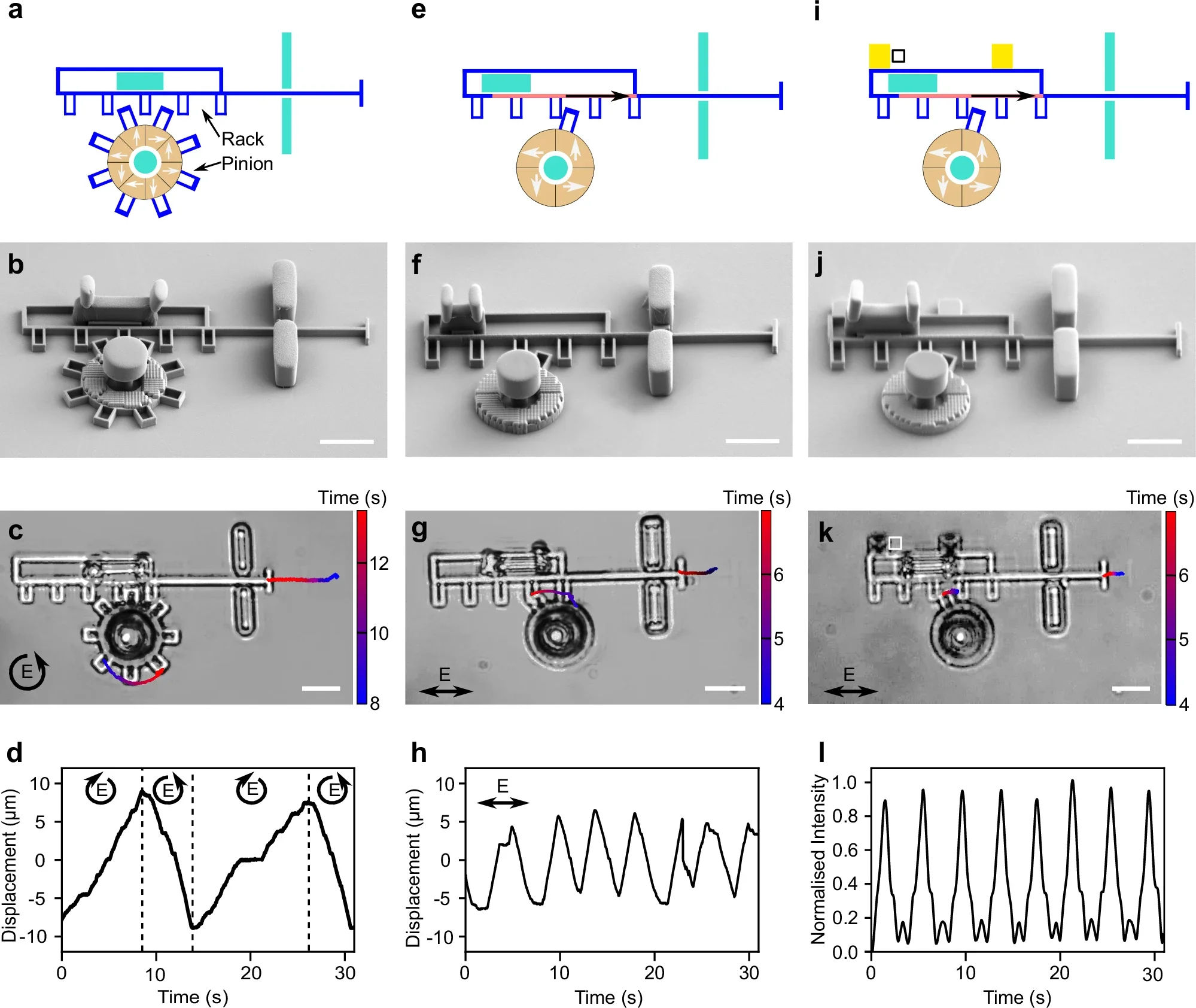 Schematic illustrations of three designs of rack and pinion metamachines to convert the rotational motion produced by a metarotor into linear motion.