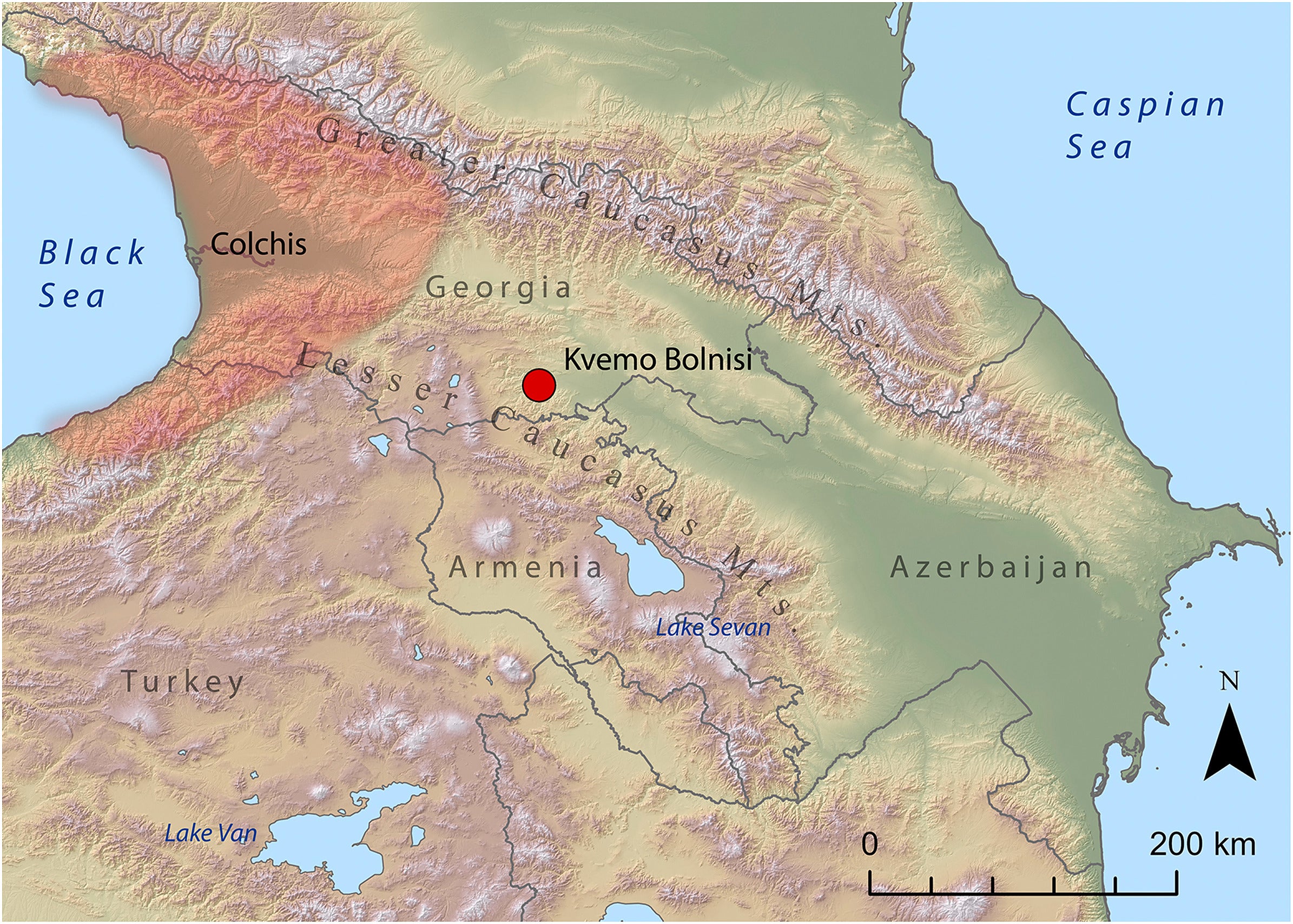 Map of the South Caucasus showing the location of Kvemo Bolnisi and Colchis, a region with the well-documented LBA-EIA copper smelting landscapes discussed in the text.