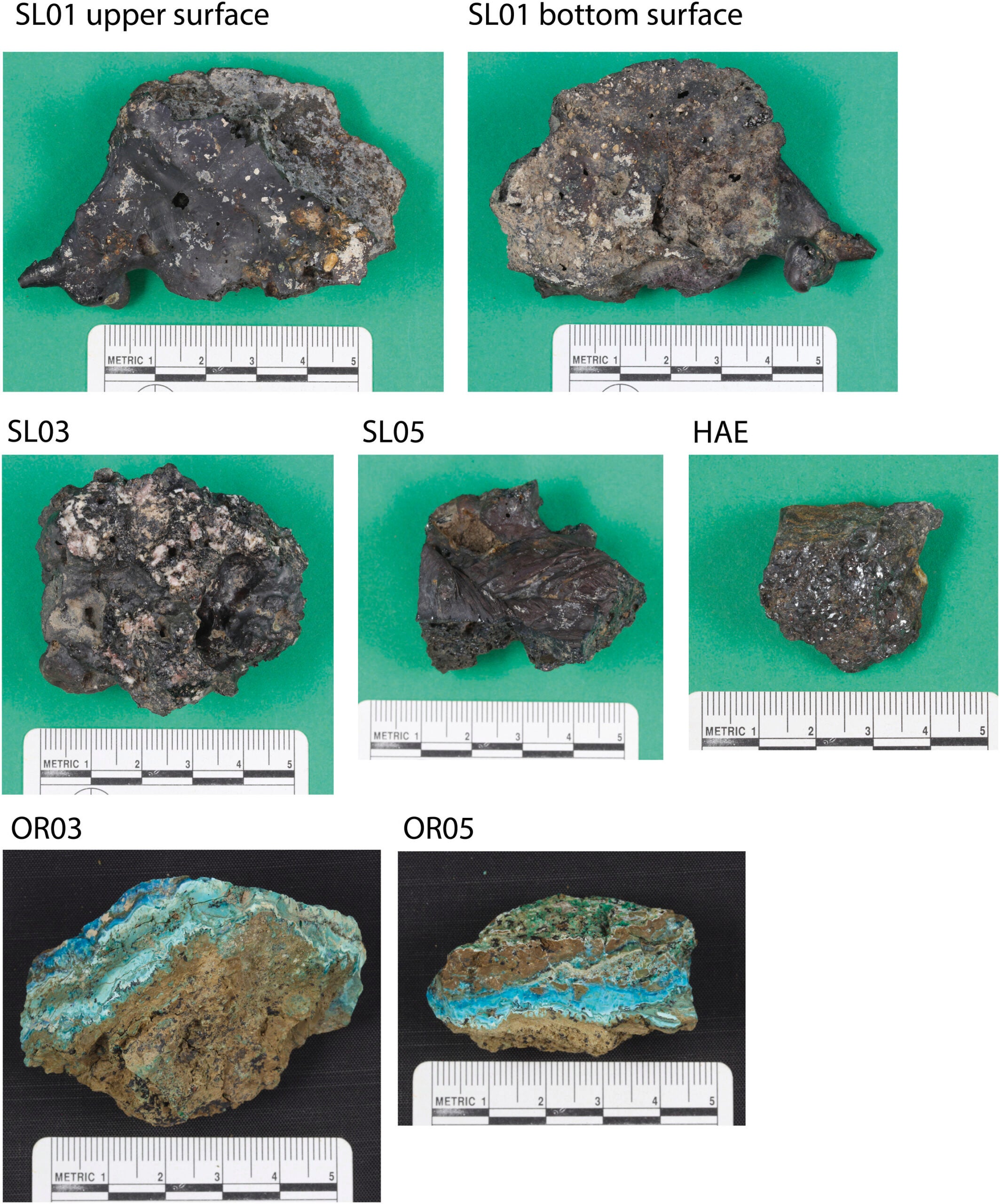 Images of selected slag and mineral samples. Samples were mounted in resin, ground and polished using standard procedures. 