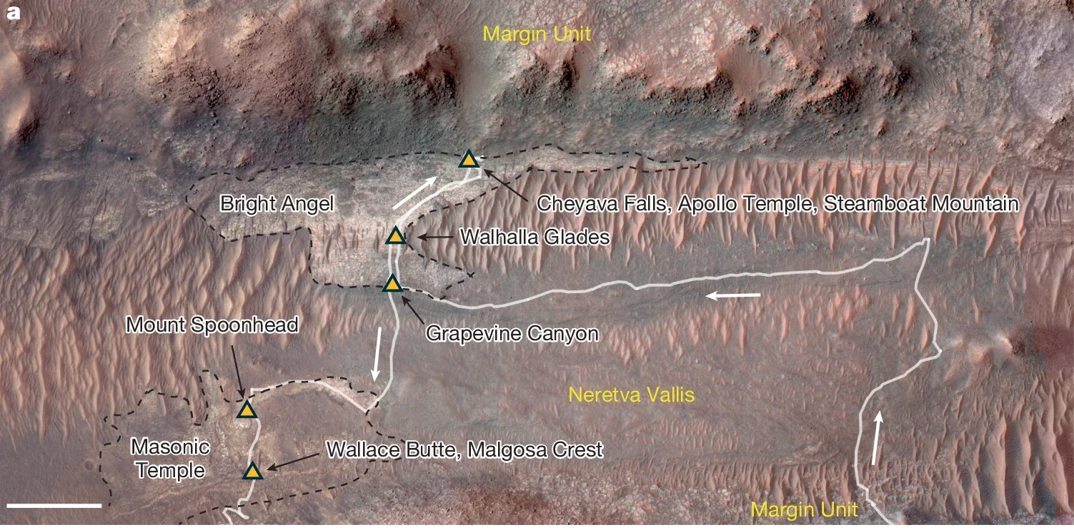 Orbital context image with the rover traverse overlain in white. White line and arrows show the direction of the rover traverse from the southern contact between the Margin Unit and Neretva Vallis to the Bright Angel outcrop area and then to the Masonic Temple outcrop area.