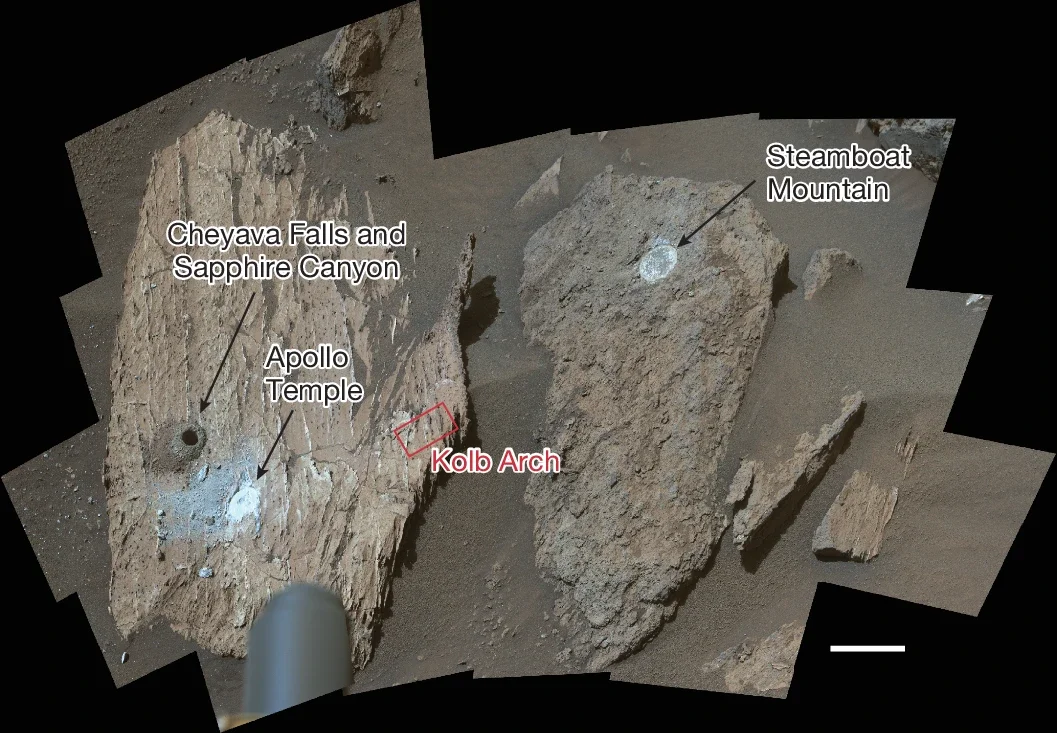 Mastcam-Z image mosaic of the Beaver Falls workspace on sol 1217. The light-toned layered block contains the Cheyava Falls natural surface target, the Apollo Temple abrasion and the Sapphire Canyon core sample location. 