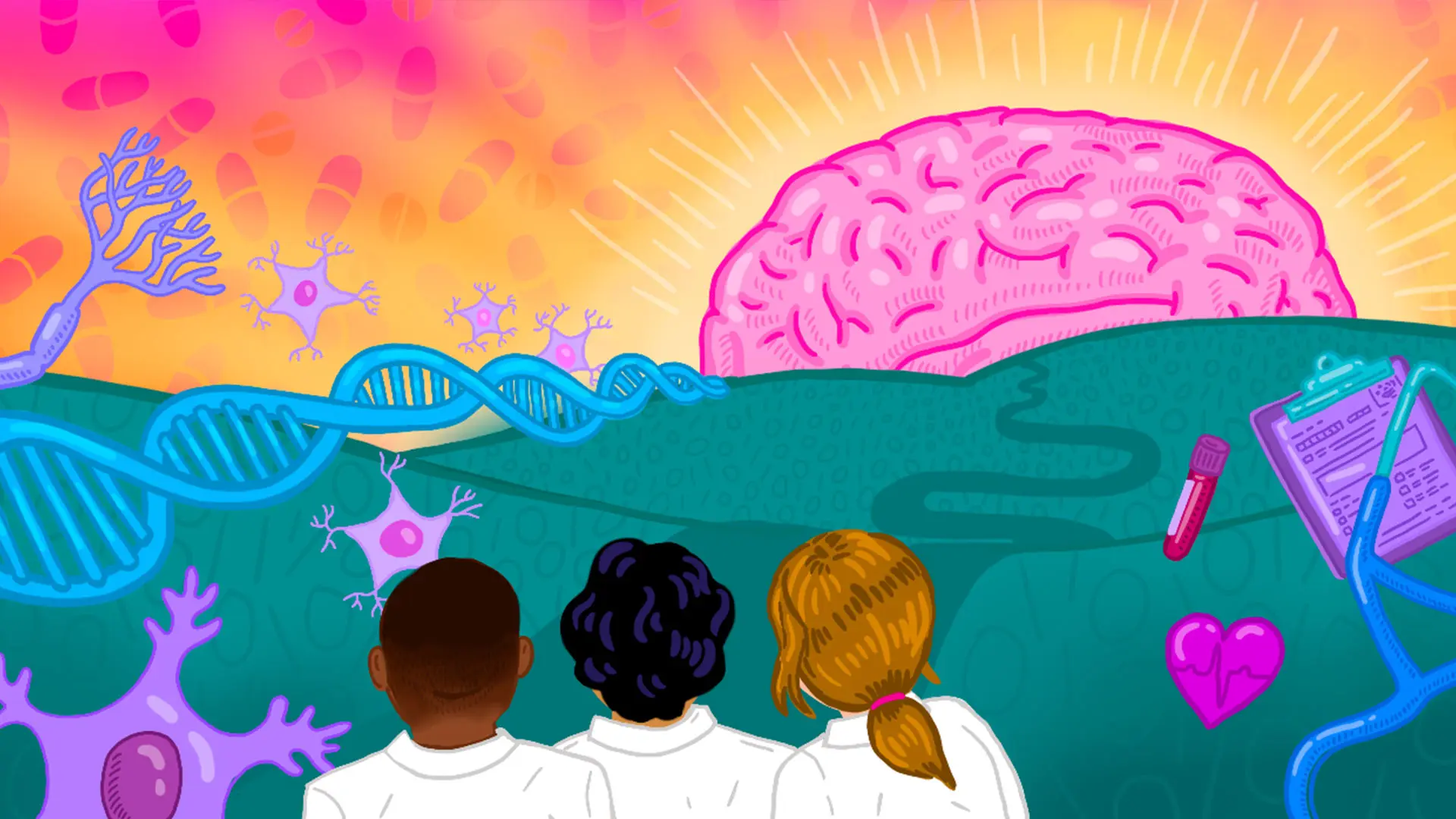 Schematic representation of the Blau Center’s focus on the causes, diagnosis, treatment, and prevention of schizophrenia and other psychotic disorders, across genetic, neural, behavioral, and environmental dimensions.