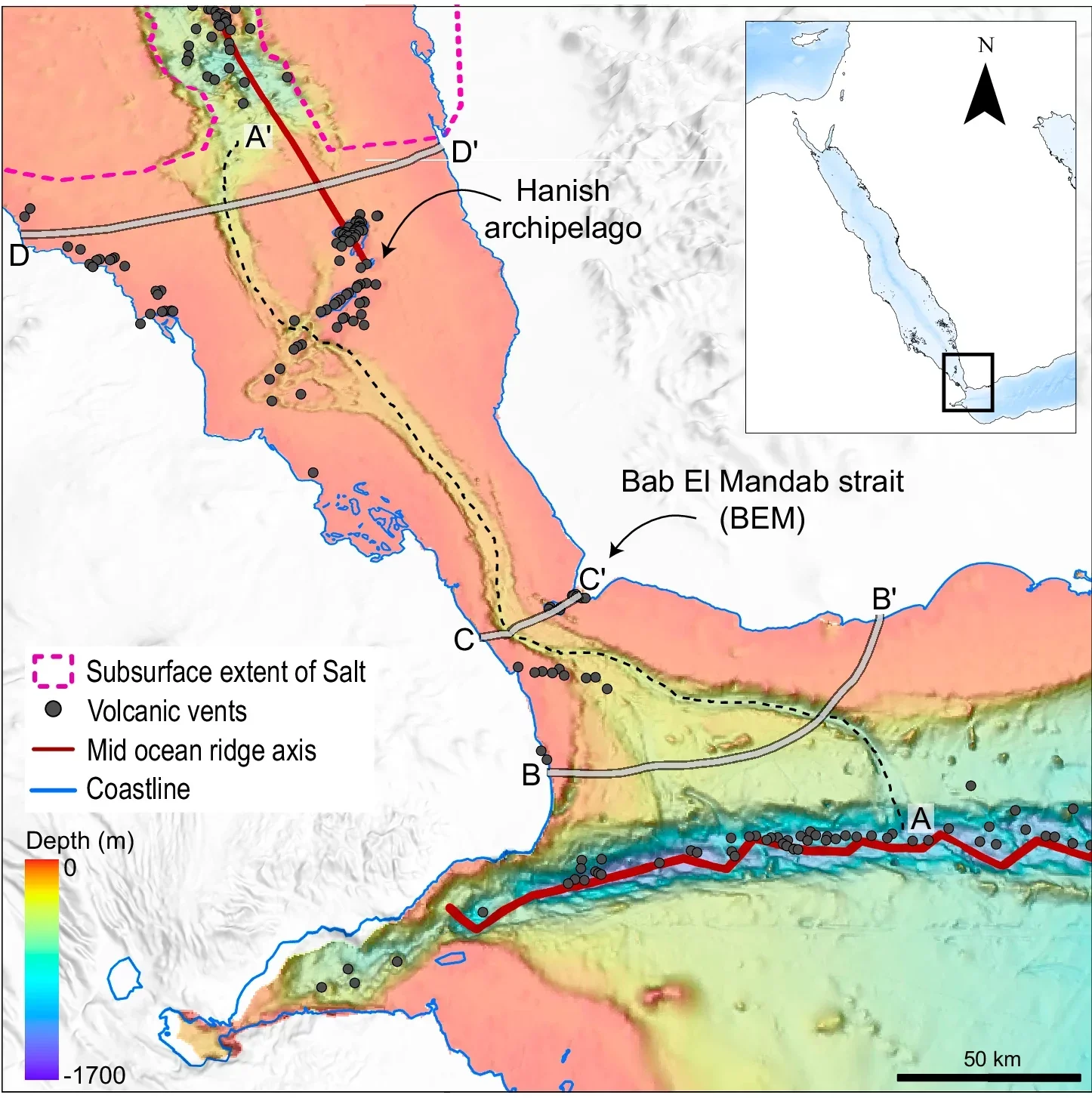 Bathymetric map based on GEBCO 2022 bathymetric data gridded into a 15 arc-second interval (~500 m) digital elevation model (DEM) data of the southernmost end of the Red Sea, showing mapped offshore volcanoes and a submarine canyon (dashed line) extending from the axial valley in the Gulf of Aden to the axial valley in the southern Red Sea.