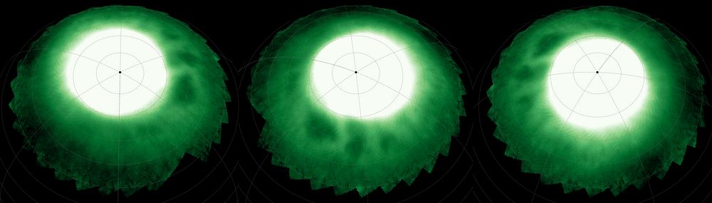 Montage of stills from animation showing the dark, bead-like features embedded in bright auroral halos as Saturn rotates beneath JWST's view. 