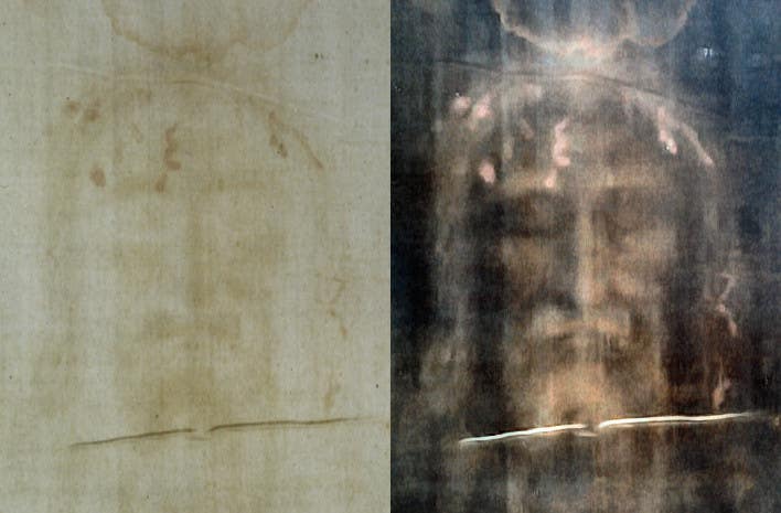 Shroud of Turin. The processed image was produced by inverting the brightness of the pixels in the positive image but without inverting their hue, and then by increasing both the brightness contrast and the hue saturation.