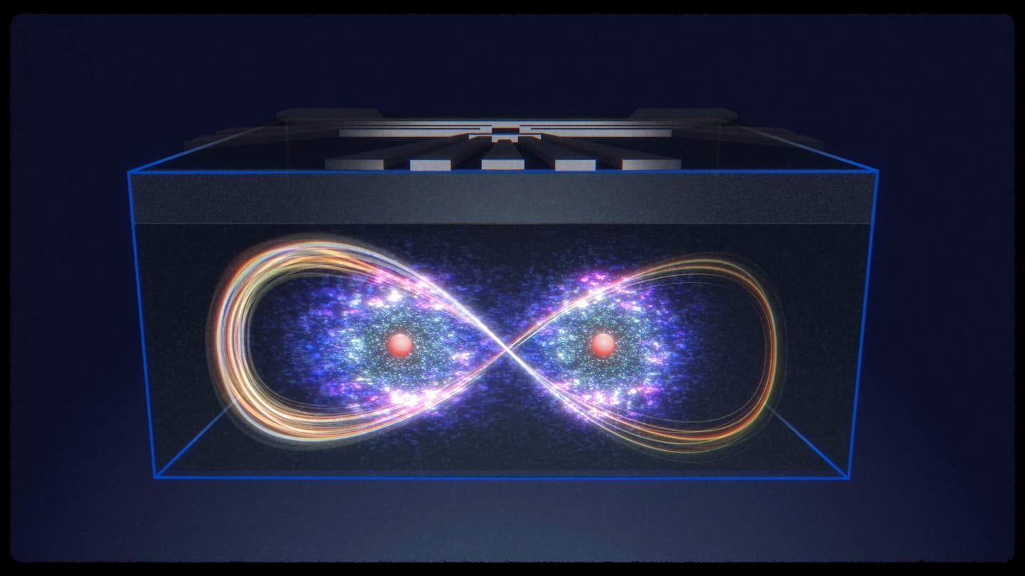 Artist’s impression of two nuclear spins, remotely entangled via the geometric gate applied via the electron.