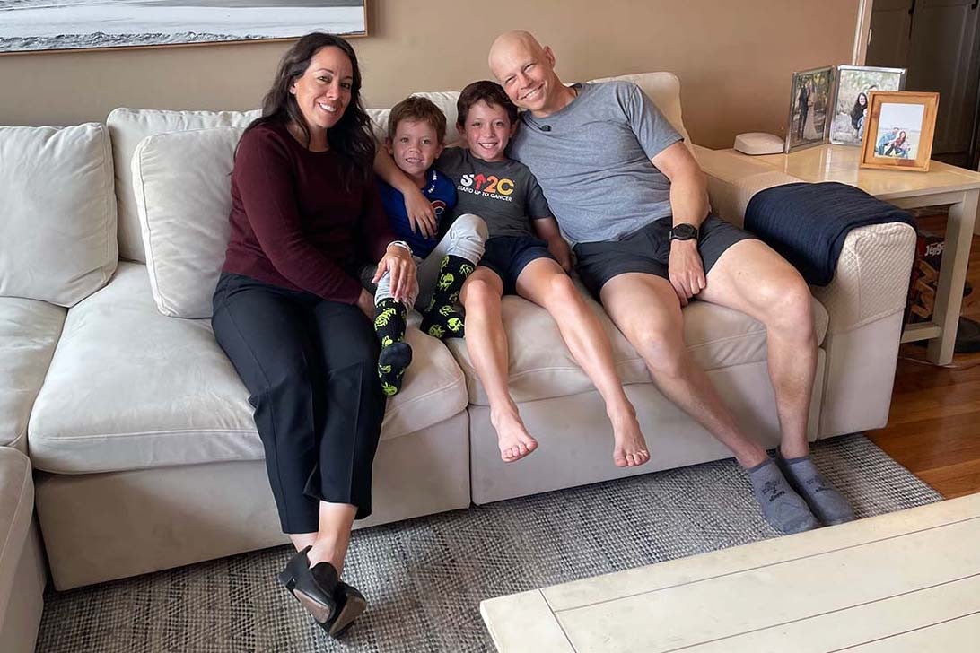 Cedars-Sinai physician Nick Mondek, MD, received a lifesaving stem cell donation from his son Stephen, joined in celebration by his wife Danielle Boyer and other son John.
