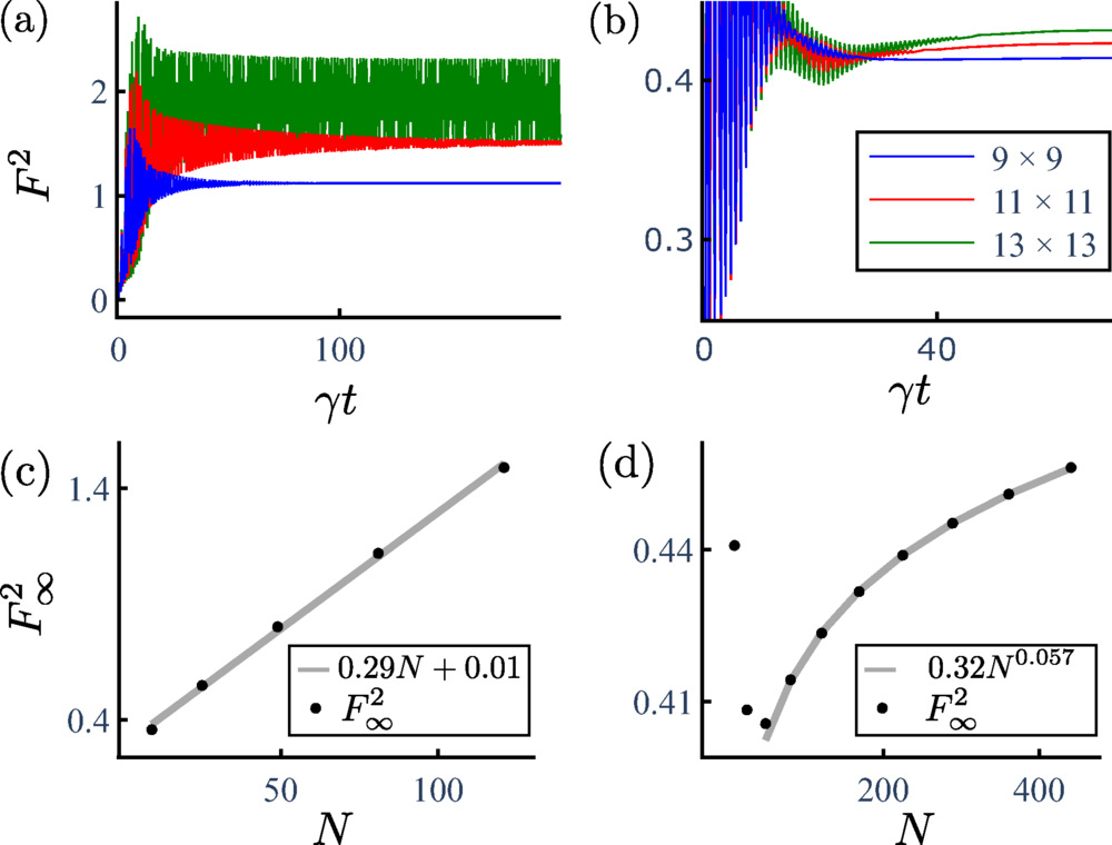 Dynamics of the normalized variance F2=ΔN↑2/N in the (a) qCTC-I and the (b) qCTC-II phase. 