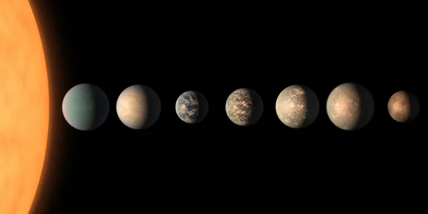 An artist’s illustration of the TRAPPIST-1 system highlights three planets that may orbit within the star’s habitable zone