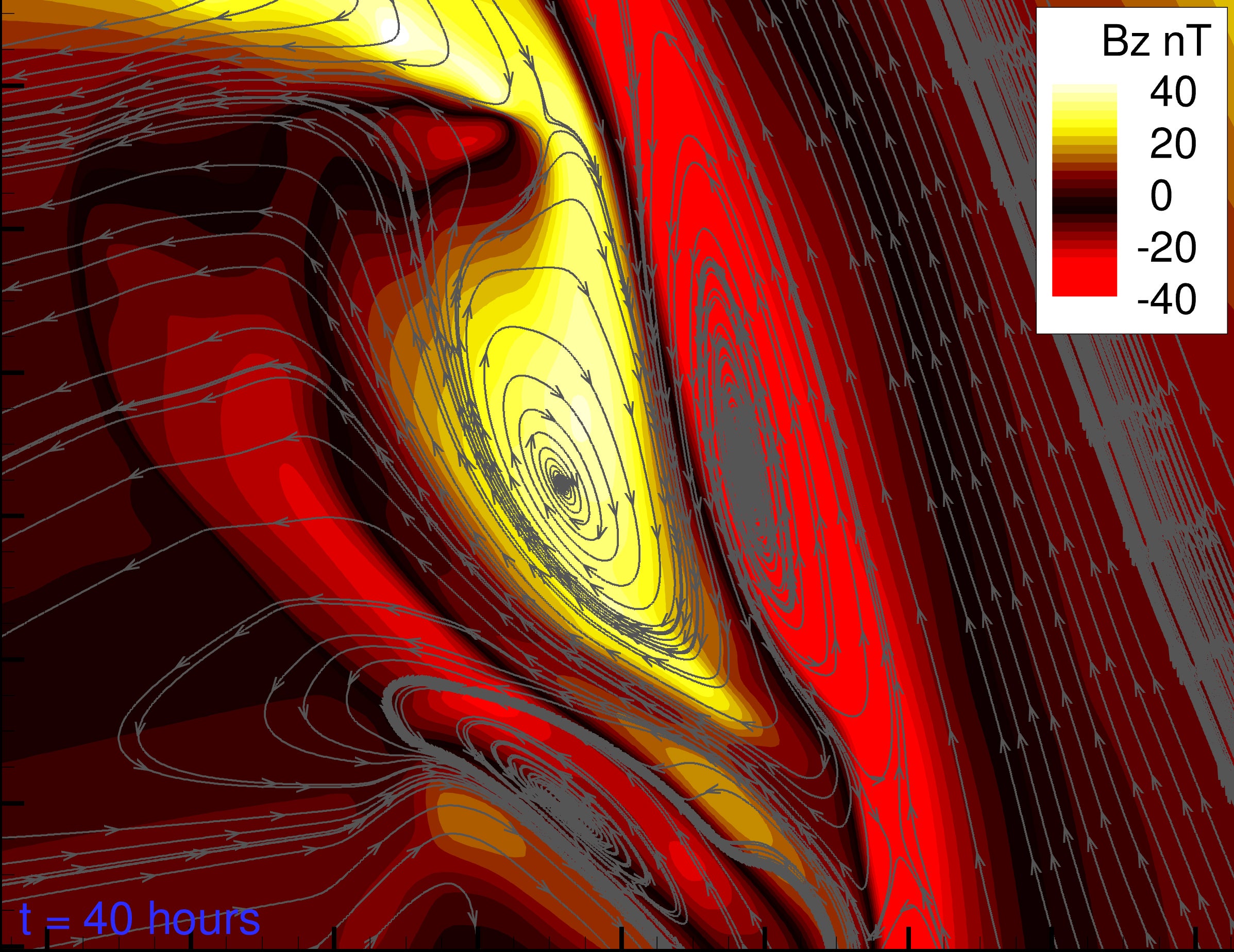A computer-generated image shows how the stream of plasma extending from the coronal mass ejection stirs up tornado-like flux ropes 40 hours after the initial eruption.
