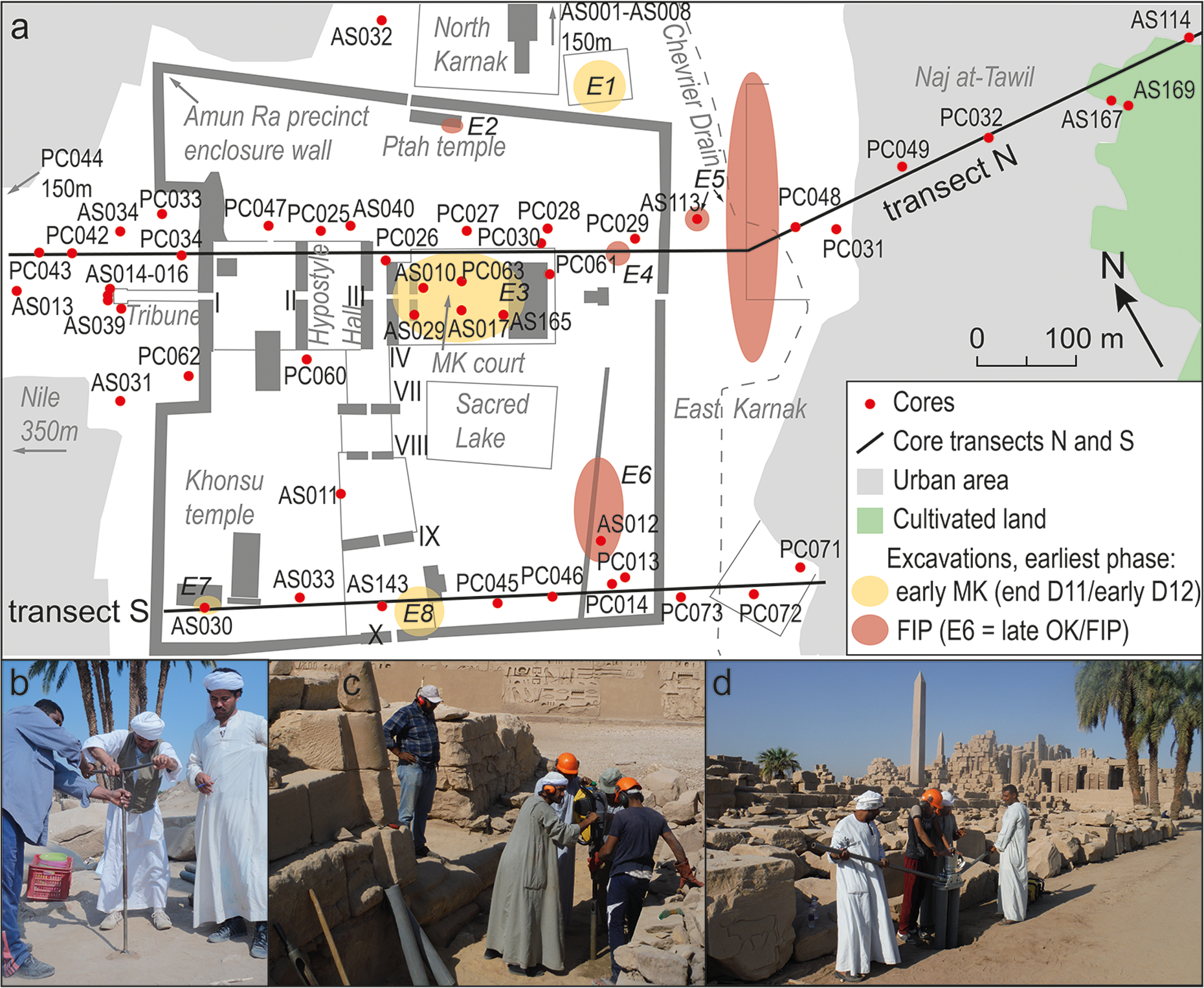 Location of coring sites and transects. Plan of the Temple of Amun-Ra at Karnak: pylons (monumental gateways) are indicated with Roman numerals; archaeological excavations. 
